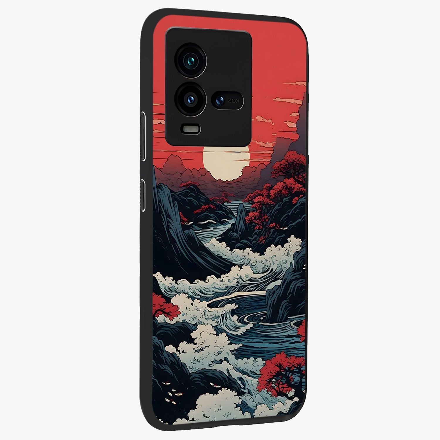 Red Sunset Scenery Glass Case upright view showcasing dramatic sunset scenery artwork with warm nature theme.