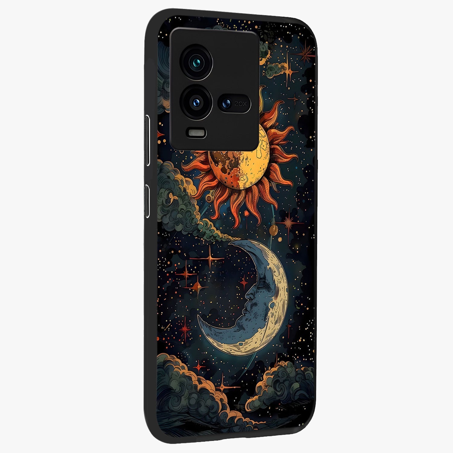 Sun And Moon Magic Design Glass Case upright view showcasing decorative sun and moon artwork with spiritual celestial theme.