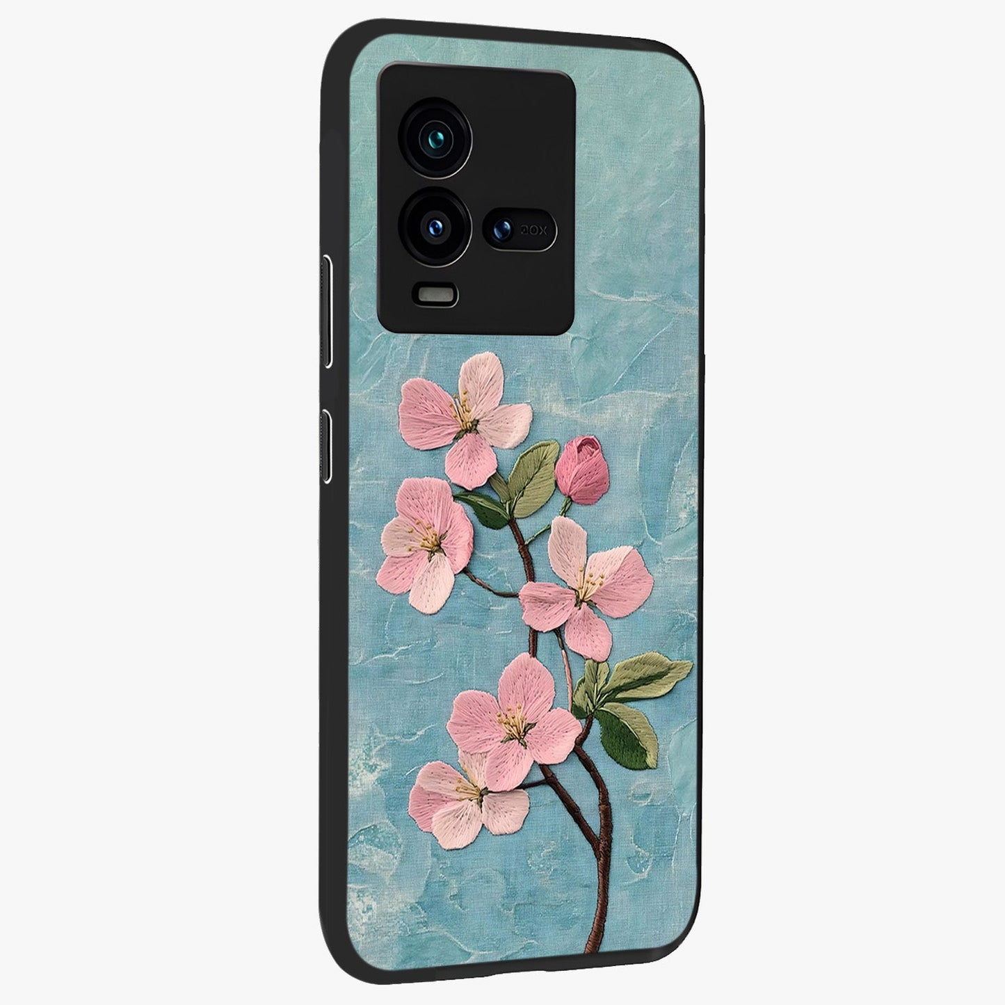 Threaded Blossom Breeze Glass Case upright view showcasing graceful flower artwork with calm botanical theme.