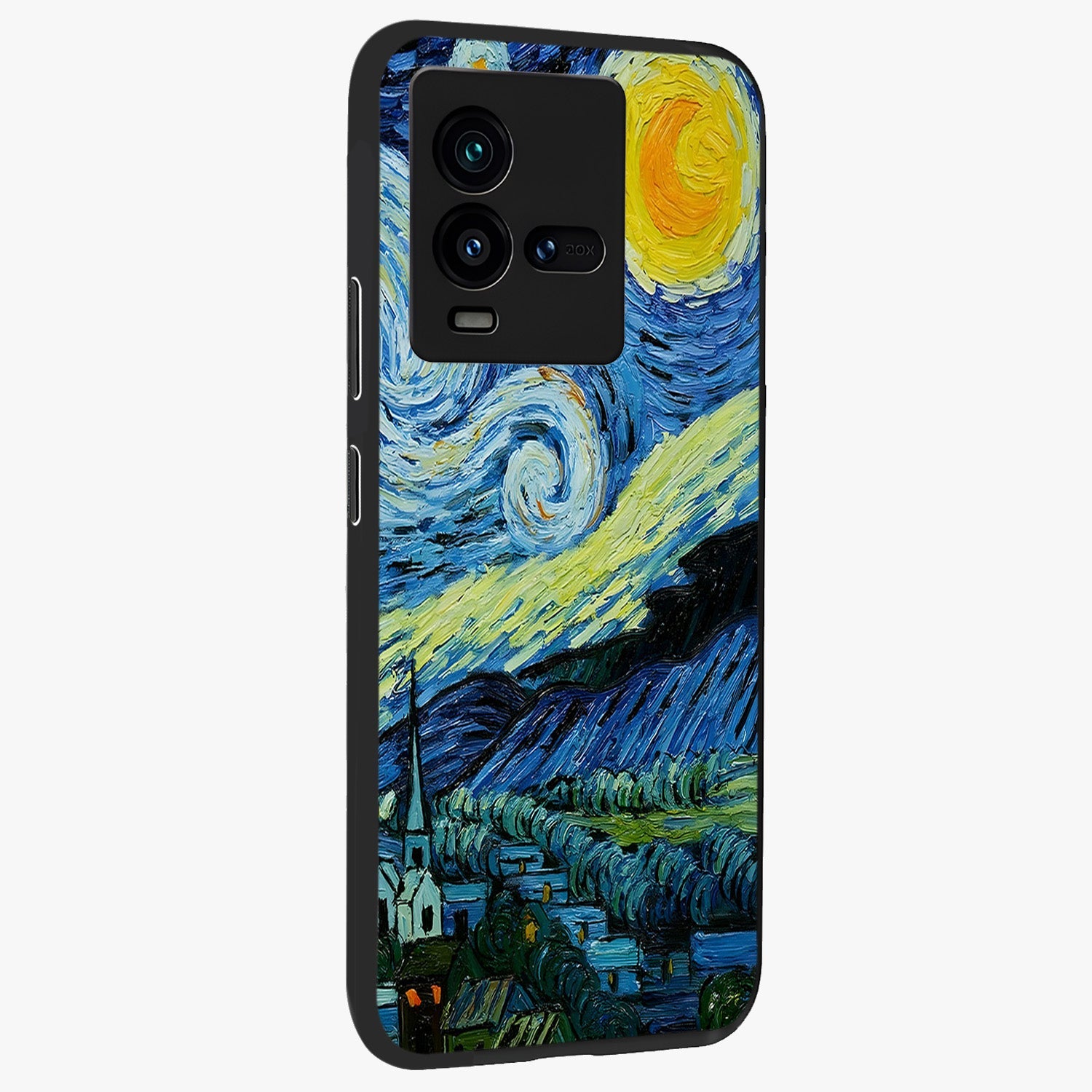 Van Gogh Art Glass Case upright view showcasing expressive painting style artwork with timeless artistic theme.