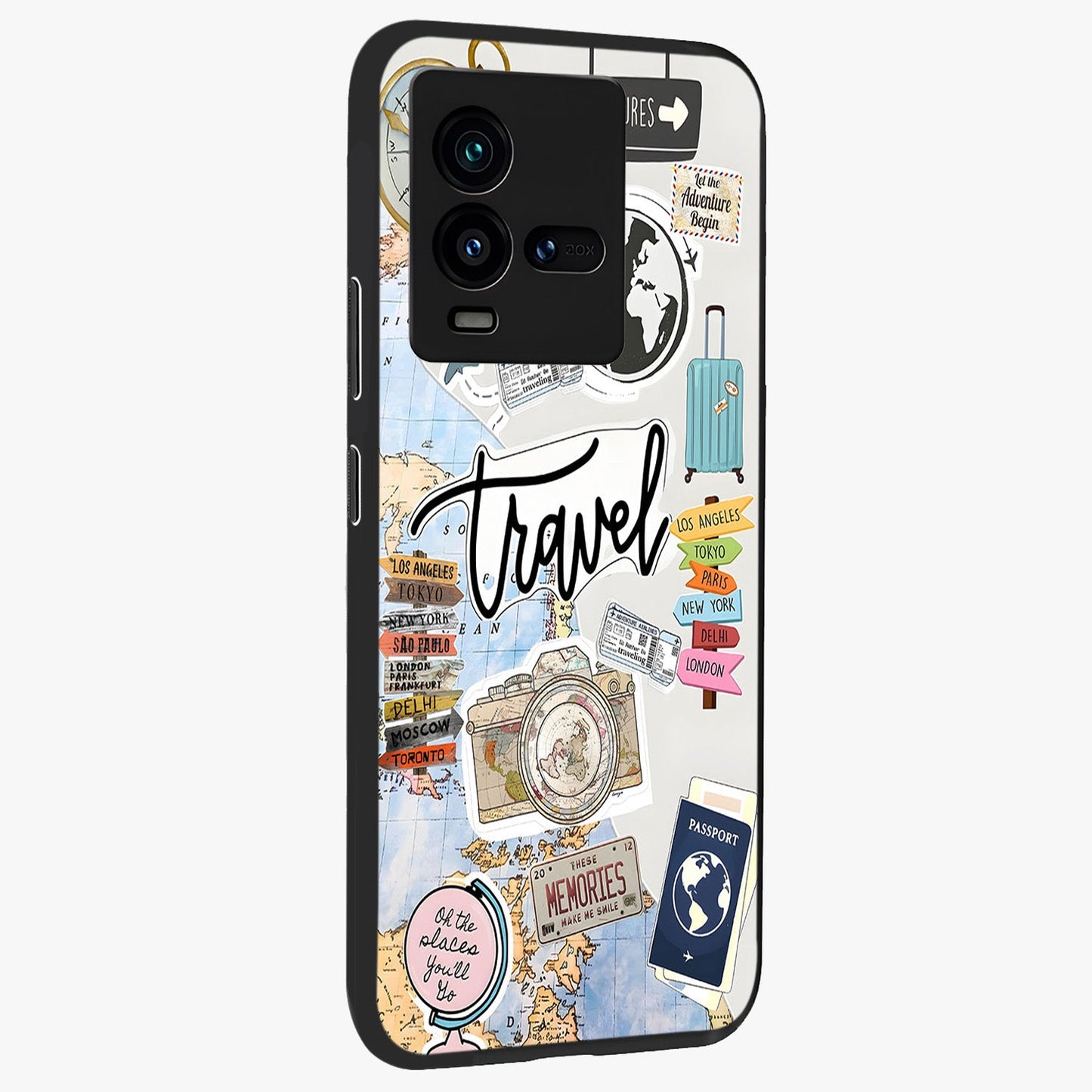 Wanderlust Journal Glass Case upright view showcasing wanderlust inspired artwork with creative exploration theme.