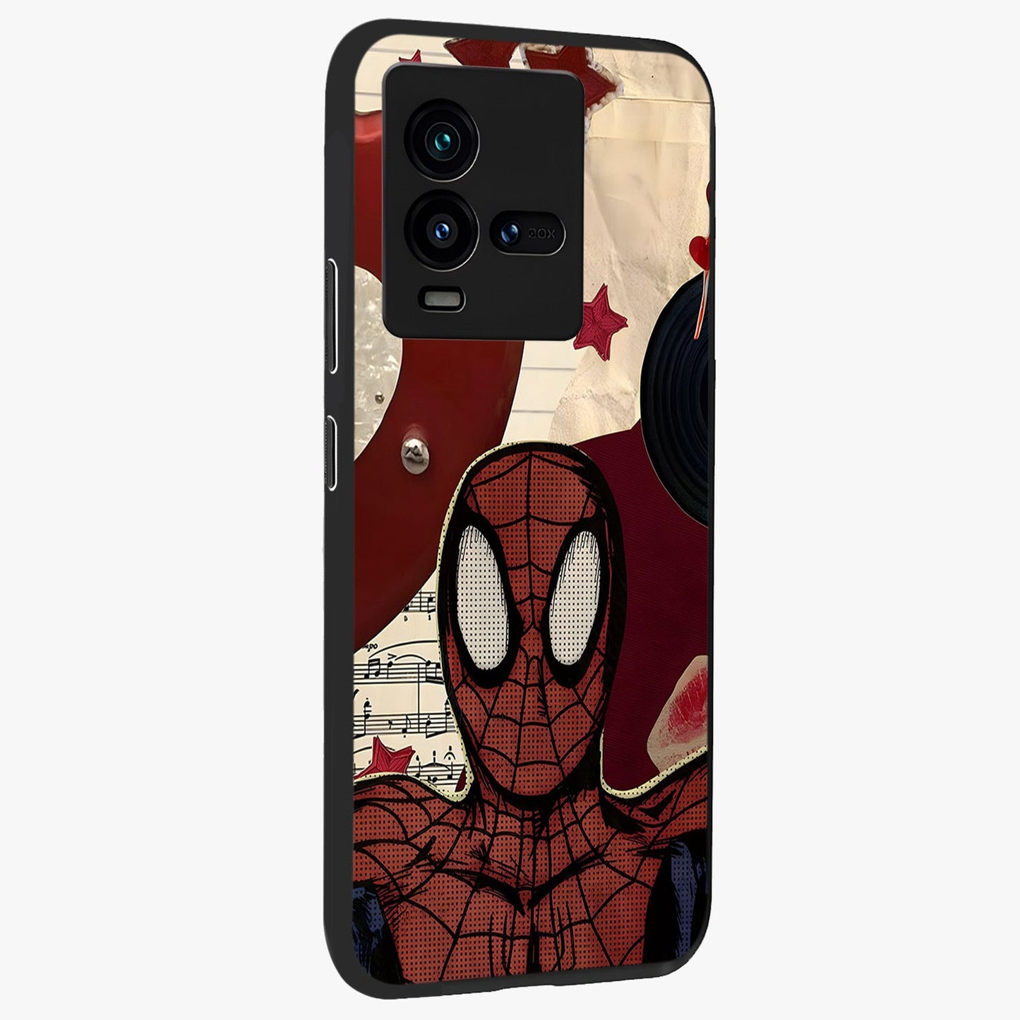 Web Warrior Vibes Glass Case upright view showcasing energetic superhero artwork with bold action theme.