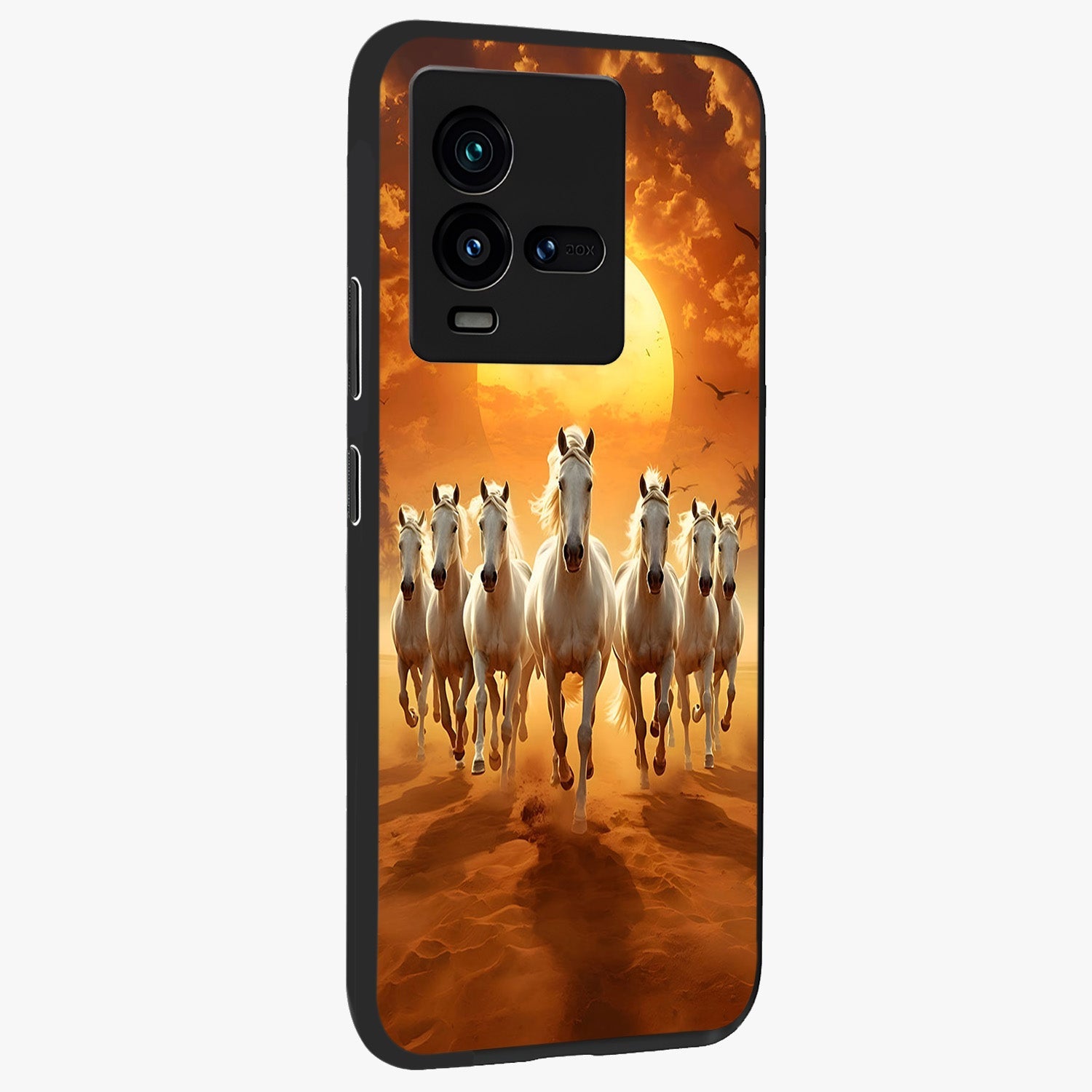 Wild Sunset Majesty Glass Case upright view showcasing dramatic sunset artwork with bold nature theme.