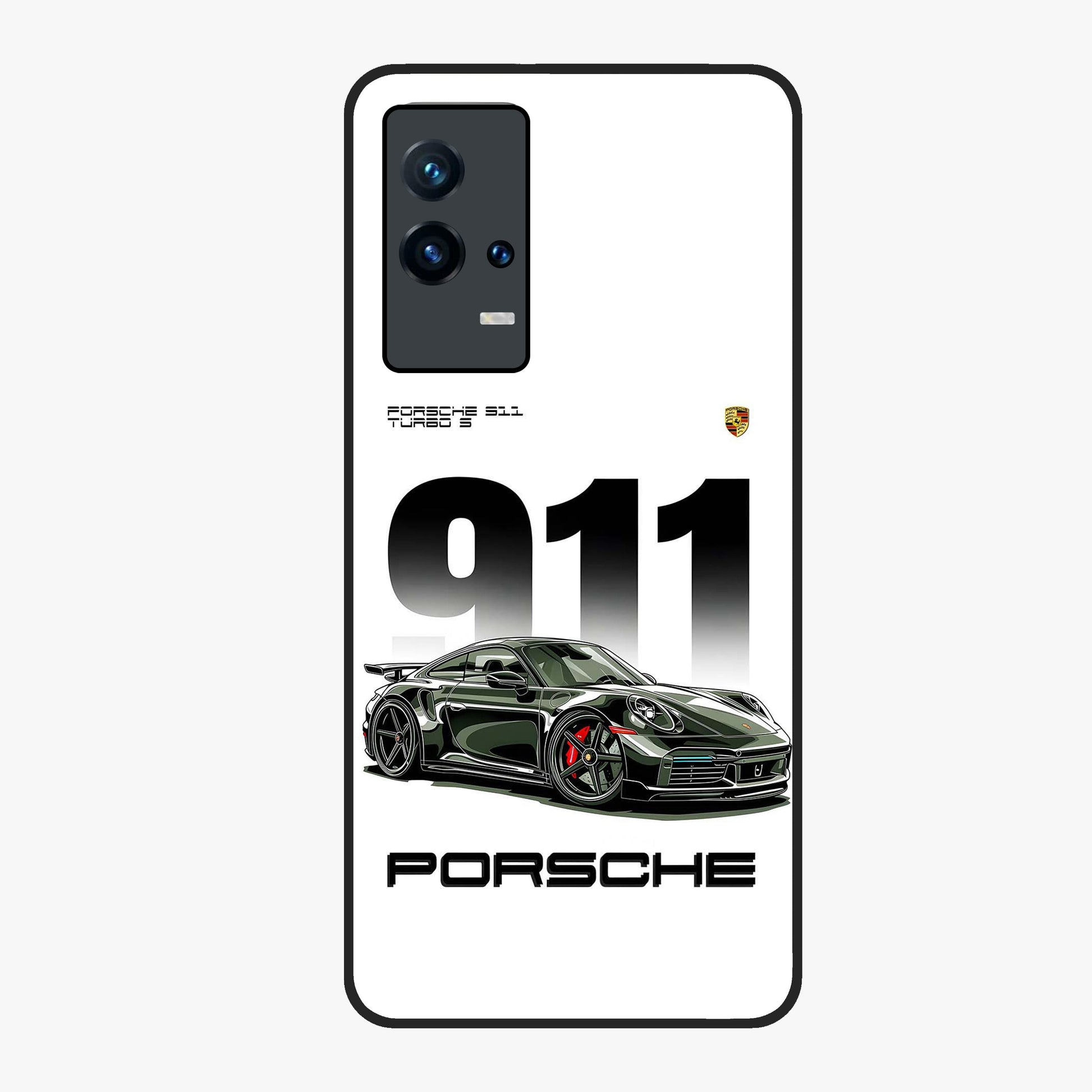 911 Turbo Dominance Glass Case showing clean flat back view with bold 911 sports car artwork and glossy glass finish.