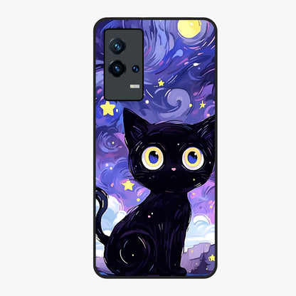 Abstract Cat Art Glass Case showing flat back view with artistic cat illustration and glossy glass finish.
