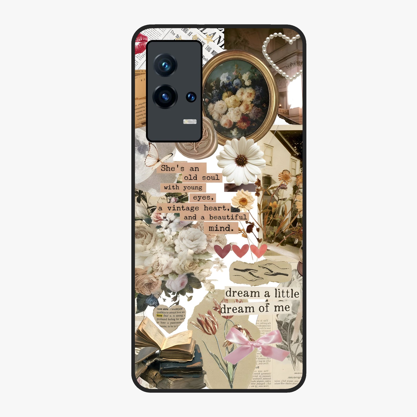 Aesthetic Brown Vintage Collage Glass Case showing flat back view with retro collage artwork and glossy glass finish.