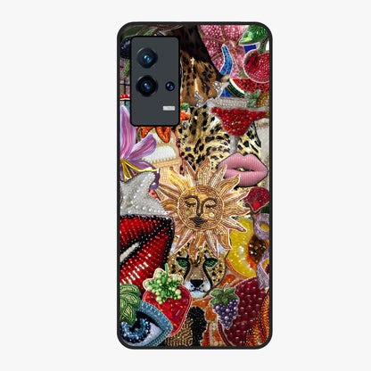 Beaded Fashion Jungle Glass Case showing flat back view with vibrant jungle inspired bead artwork and glossy glass finish.