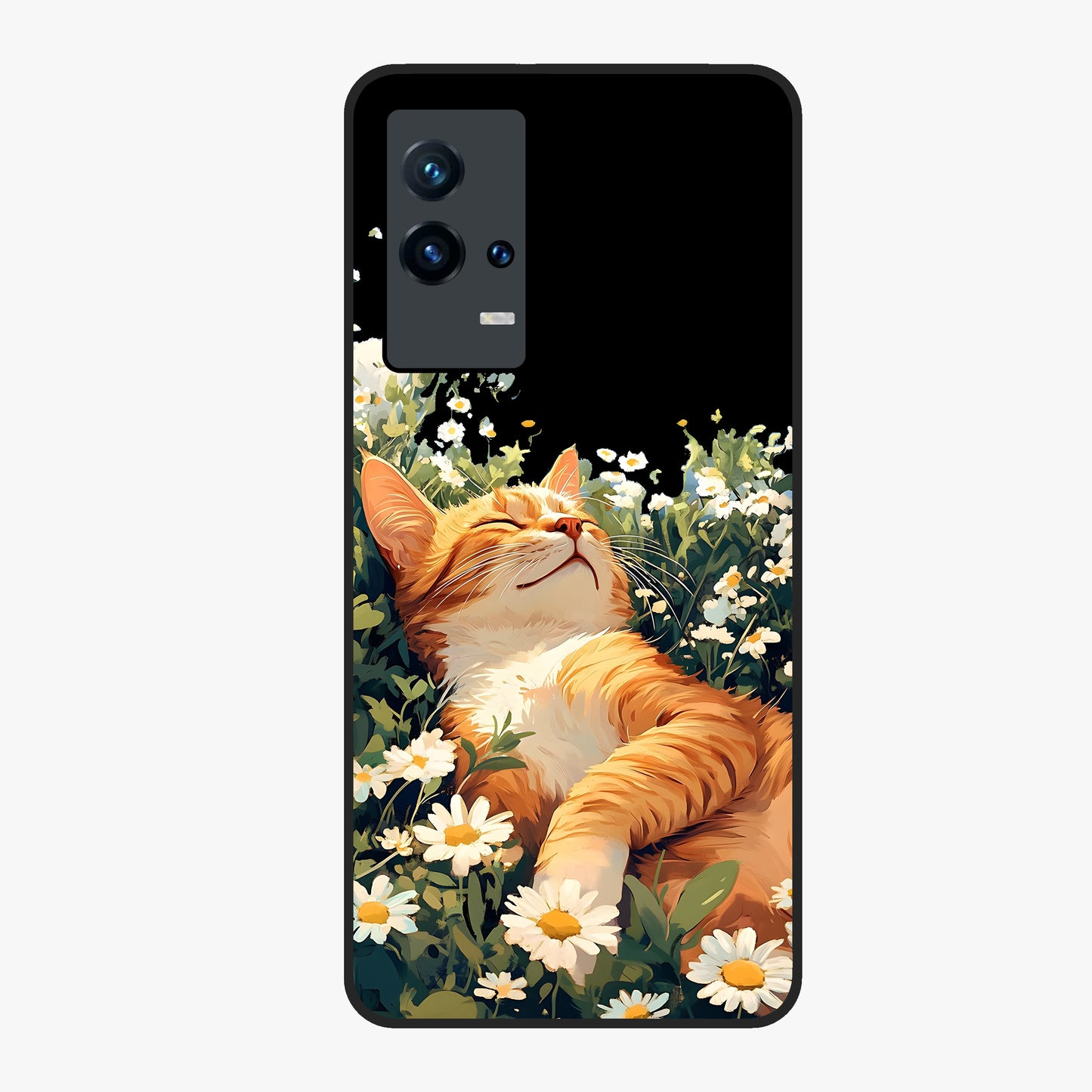 Blissful Bloom Cat Glass Case showing flat back view with cute cat and floral bloom artwork and glossy glass finish.