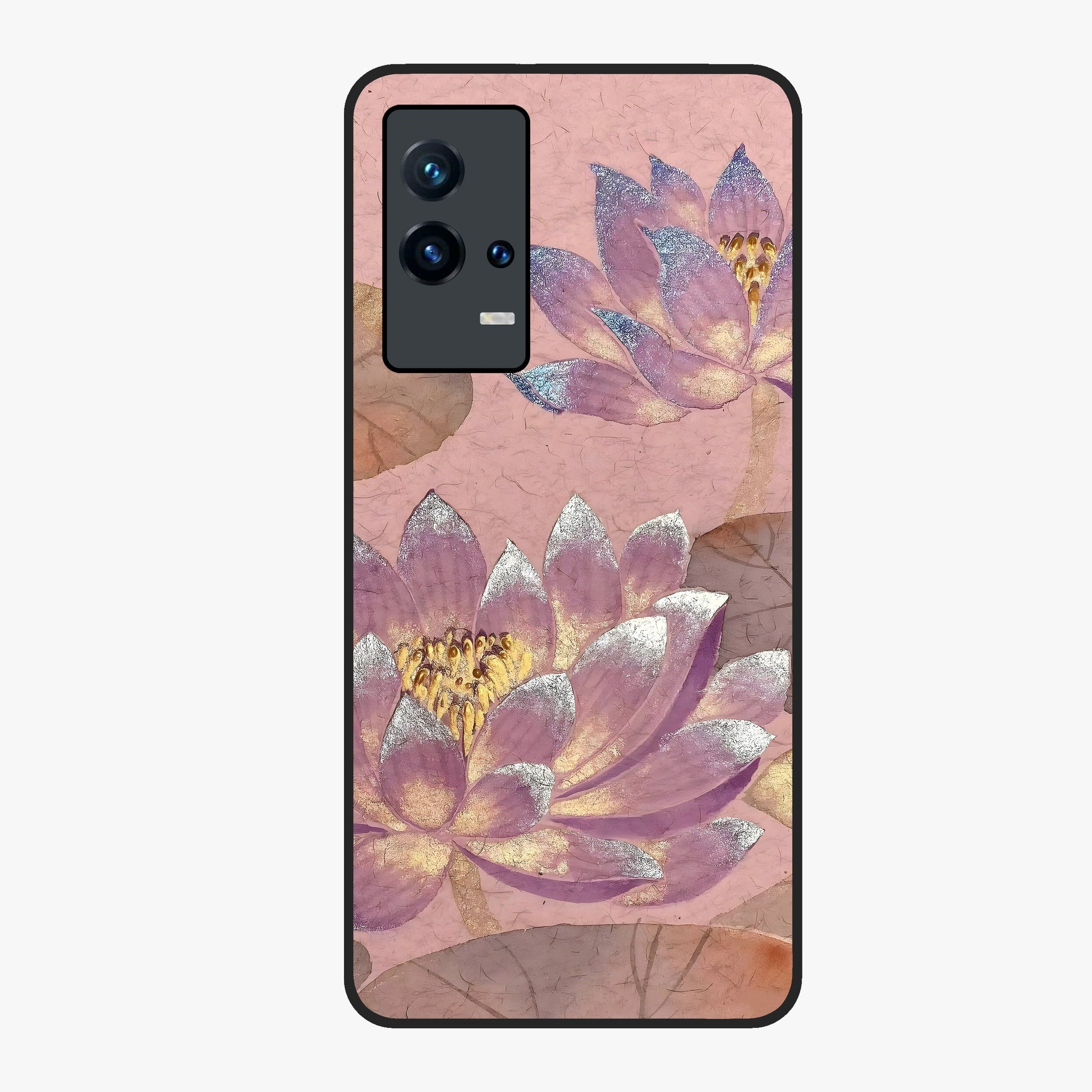 Blossom Mist Lotus Glass Case showing flat back view with serene lotus blossom artwork and glossy glass finish.