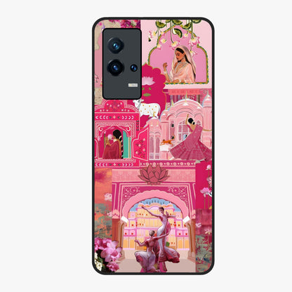 Blossoms of Rajasthan Glass Case showing flat back view with traditional floral artwork inspired by Rajasthan and glossy glass finish.