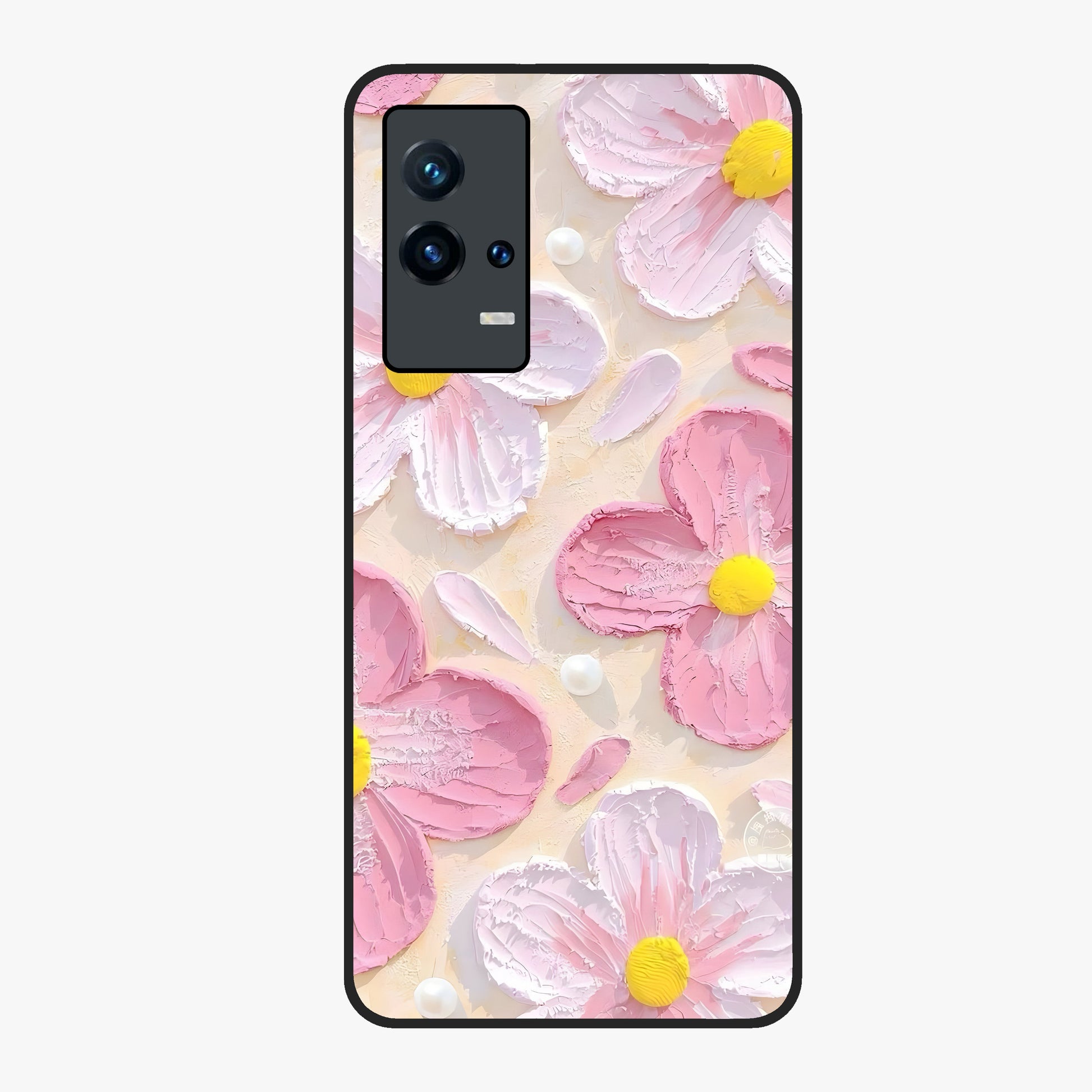 Blush Bloom Texture Glass Case showing flat back view with soft blush floral texture artwork and glossy glass finish.