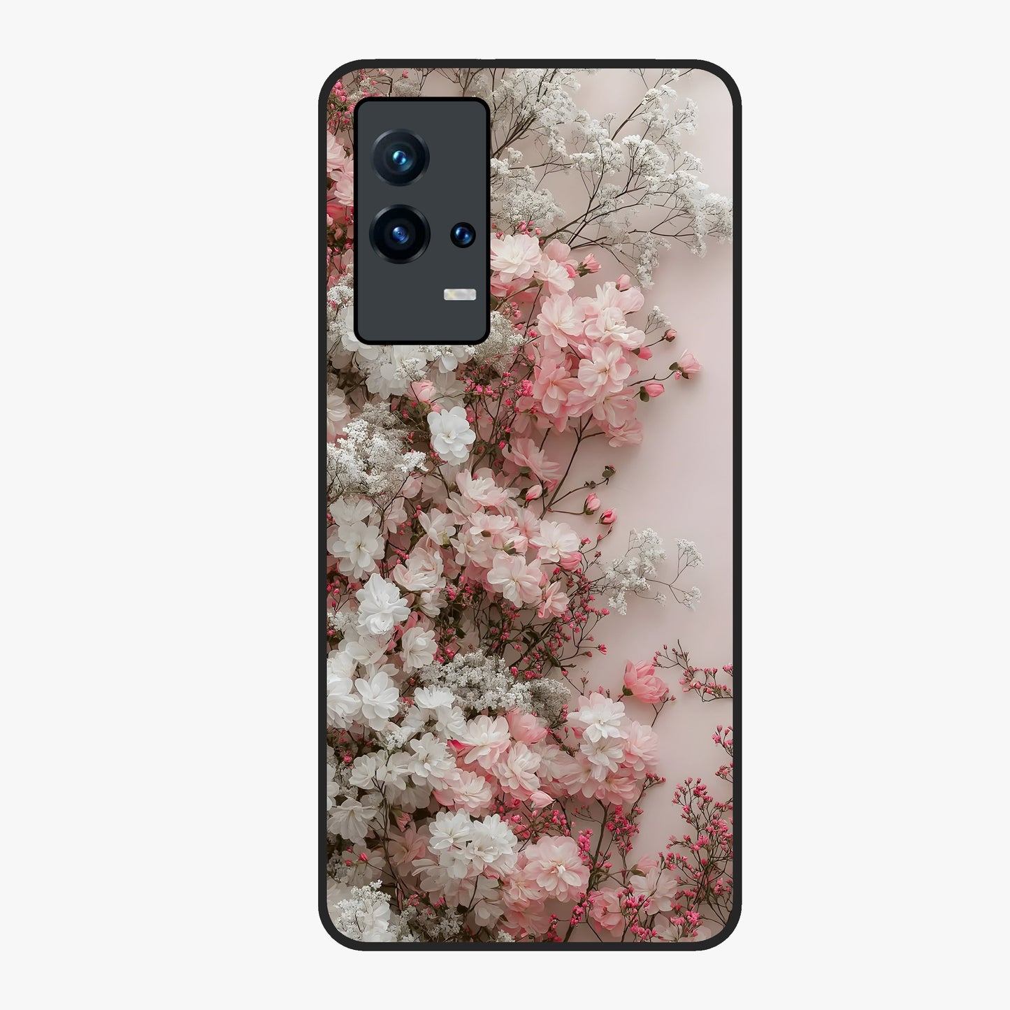 Blush Blossom Cloud Glass Case showing flat back view with dreamy blush cloud blossom artwork and glossy glass finish.