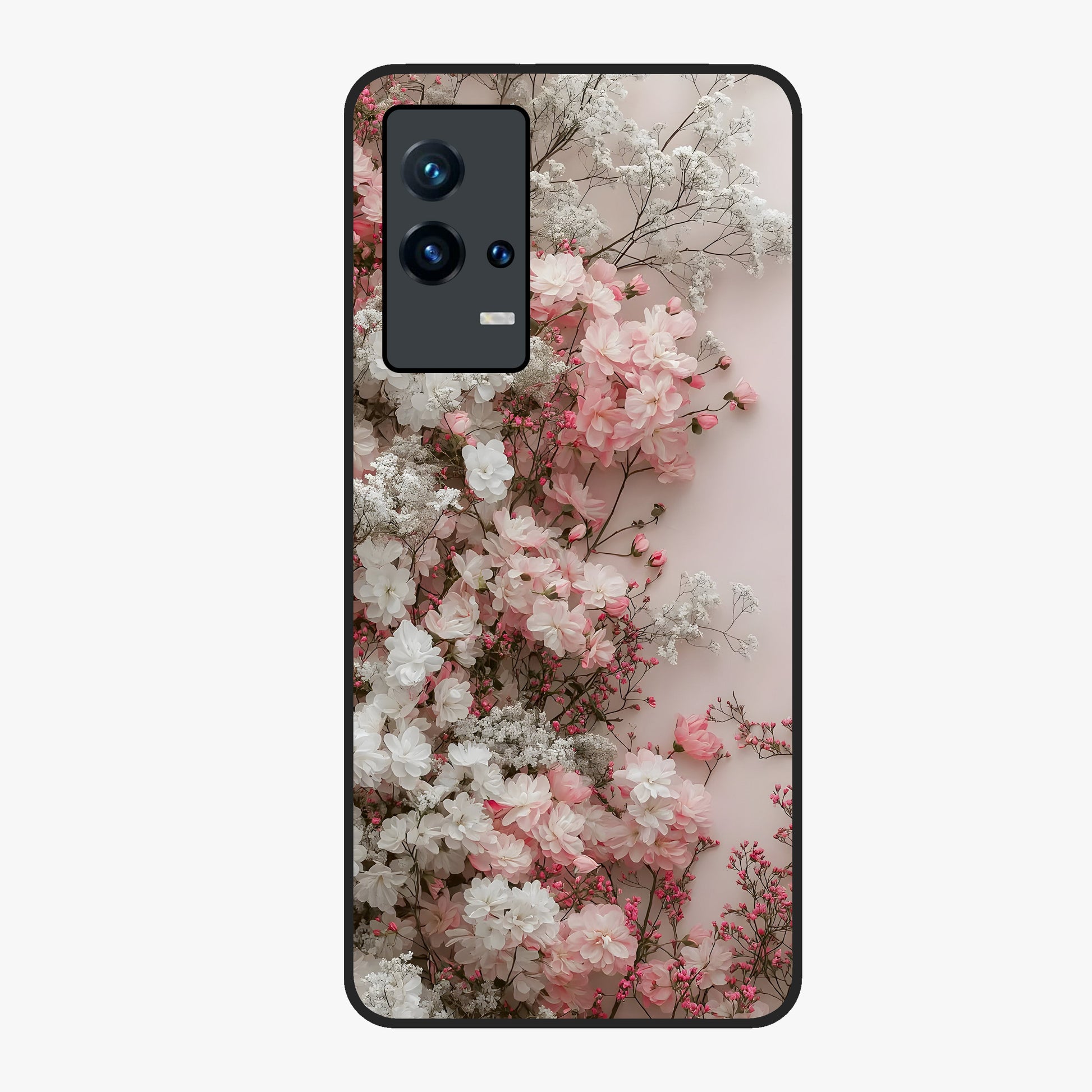 Blush Blossom Cloud Glass Case showing flat back view with dreamy blush cloud blossom artwork and glossy glass finish.