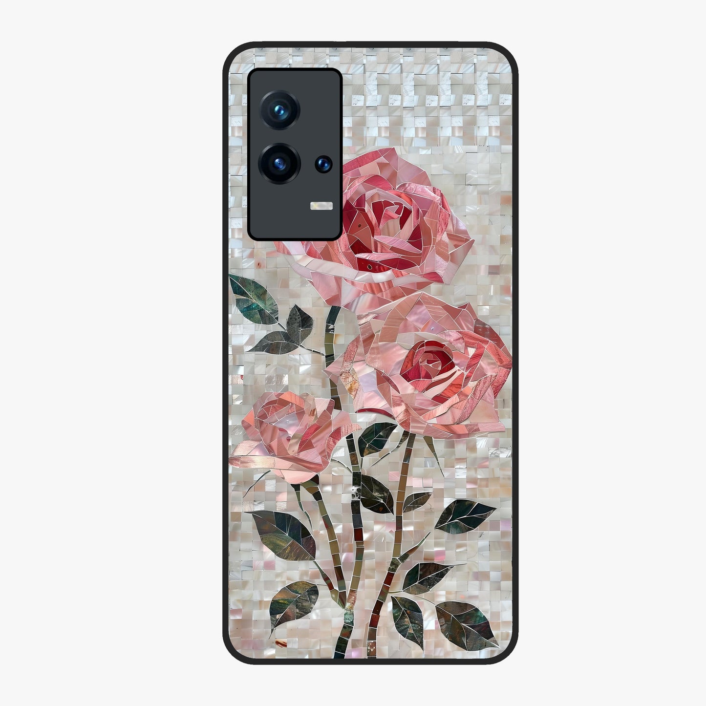 Blush Mosaic Bloom Glass Case showing flat back view with mosaic floral bloom artwork and glossy glass finish.