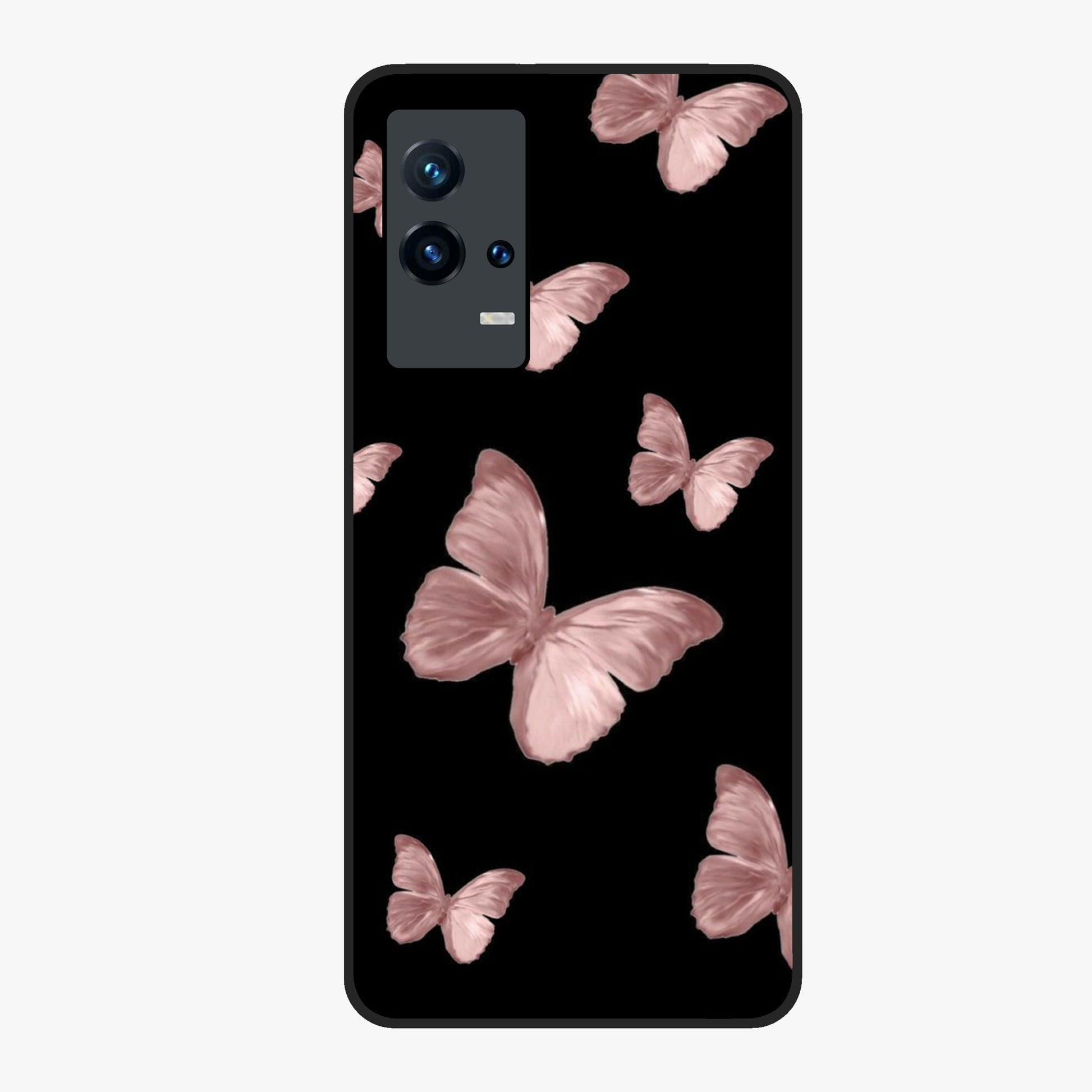 Butterfly Pattern Glass Case showing flat back view with elegant butterfly pattern artwork and glossy glass finish.