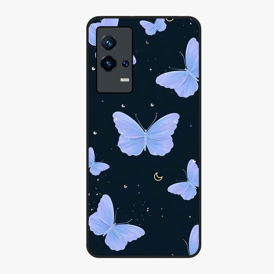 Butterfly With Stars Pattern Glass Case showing flat back view with butterfly and star pattern artwork and glossy glass finish.