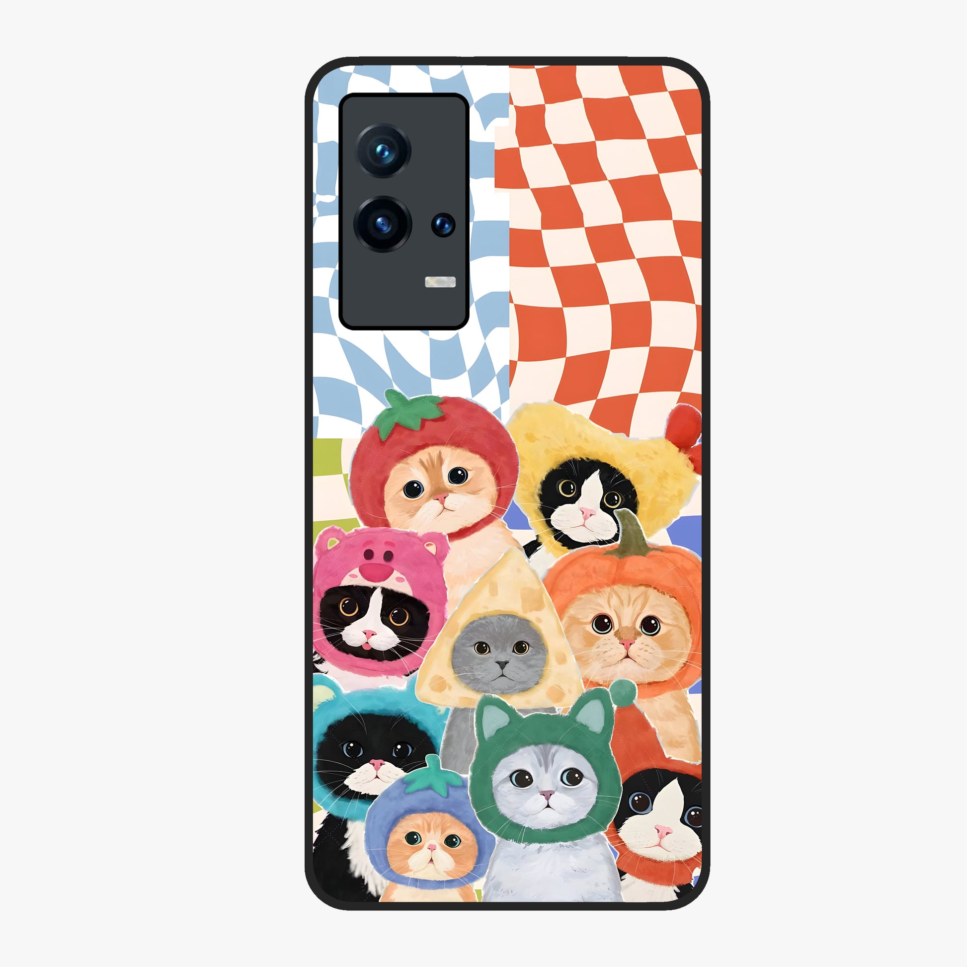 Cats in Fruits Glass Case showing flat back view with playful cat illustrations inside fruit artwork and glossy glass finish.