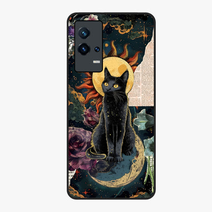 Celestial Black Cat Glass Case showing flat back view with mystical black cat artwork and glossy glass finish.