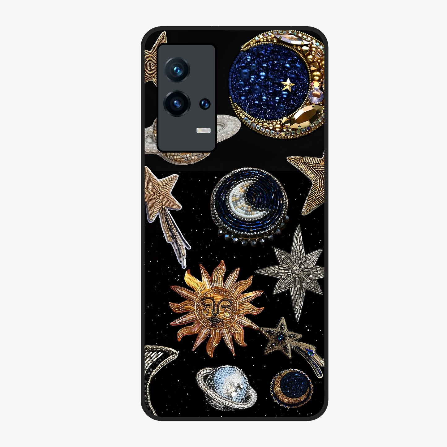 Celestial Gem Constellations Glass Case showing flat back view with sparkling constellation artwork and glossy glass finish.