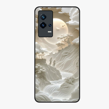 Celestial Origami Glass Case showing flat back view with artistic origami inspired celestial artwork and glossy glass finish.