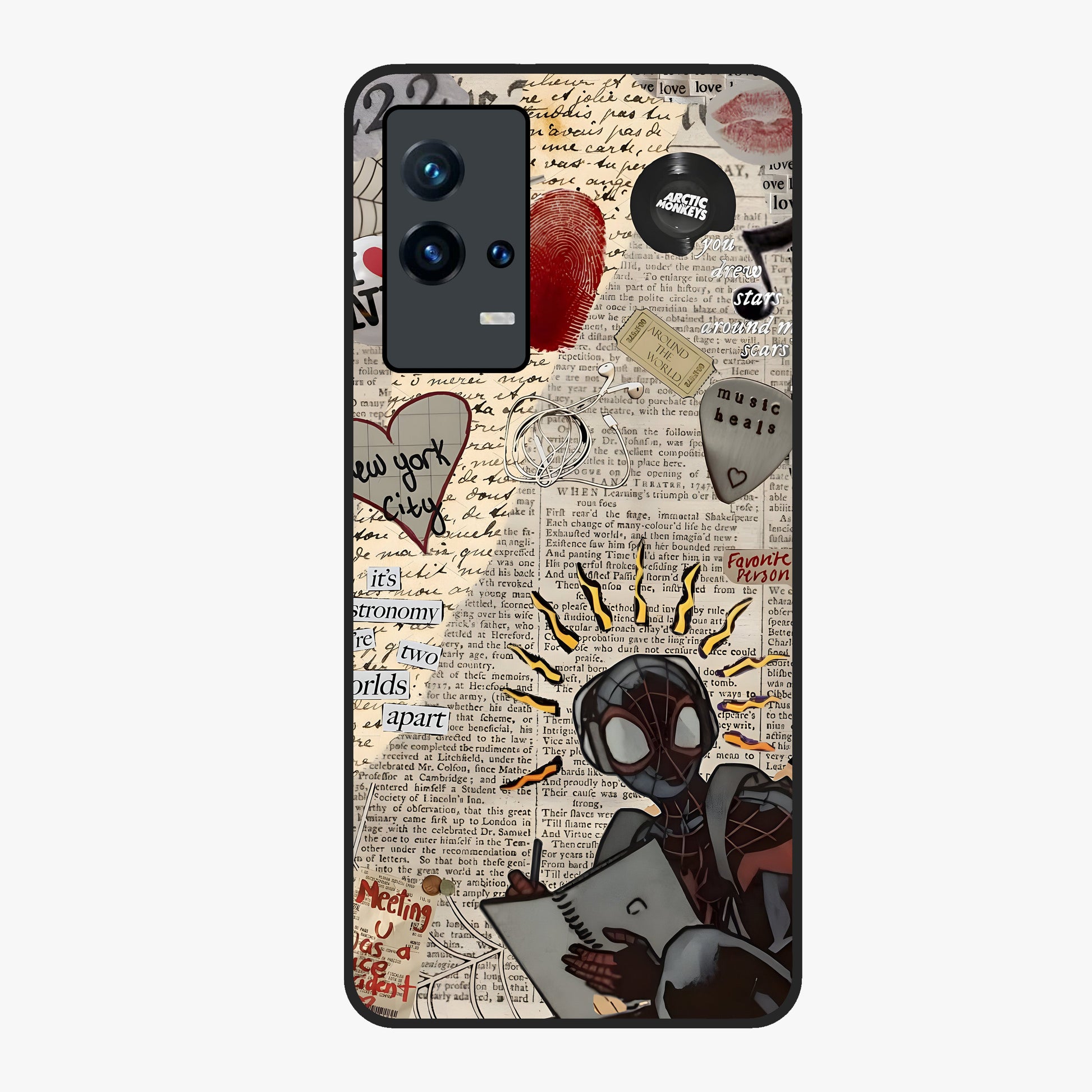 City Dream Sketch Glass Case showing flat back view with artistic city skyline sketch artwork and glossy glass finish.