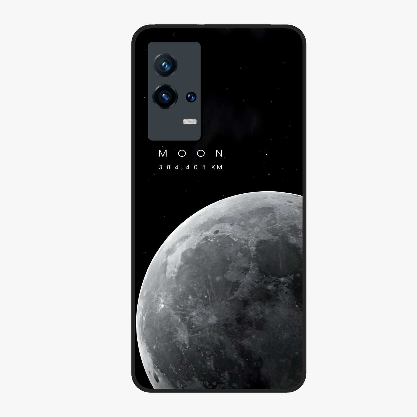 Cosmic Moon Glow Glass Case showing flat back view with glowing moon artwork and glossy glass finish.