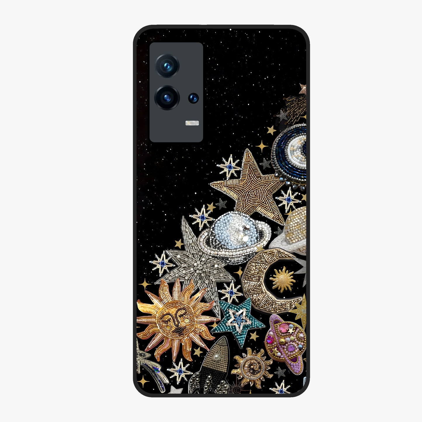 Cosmic Sparkle Dreams Glass Case showing flat back view with sparkling cosmic artwork and glossy glass finish.