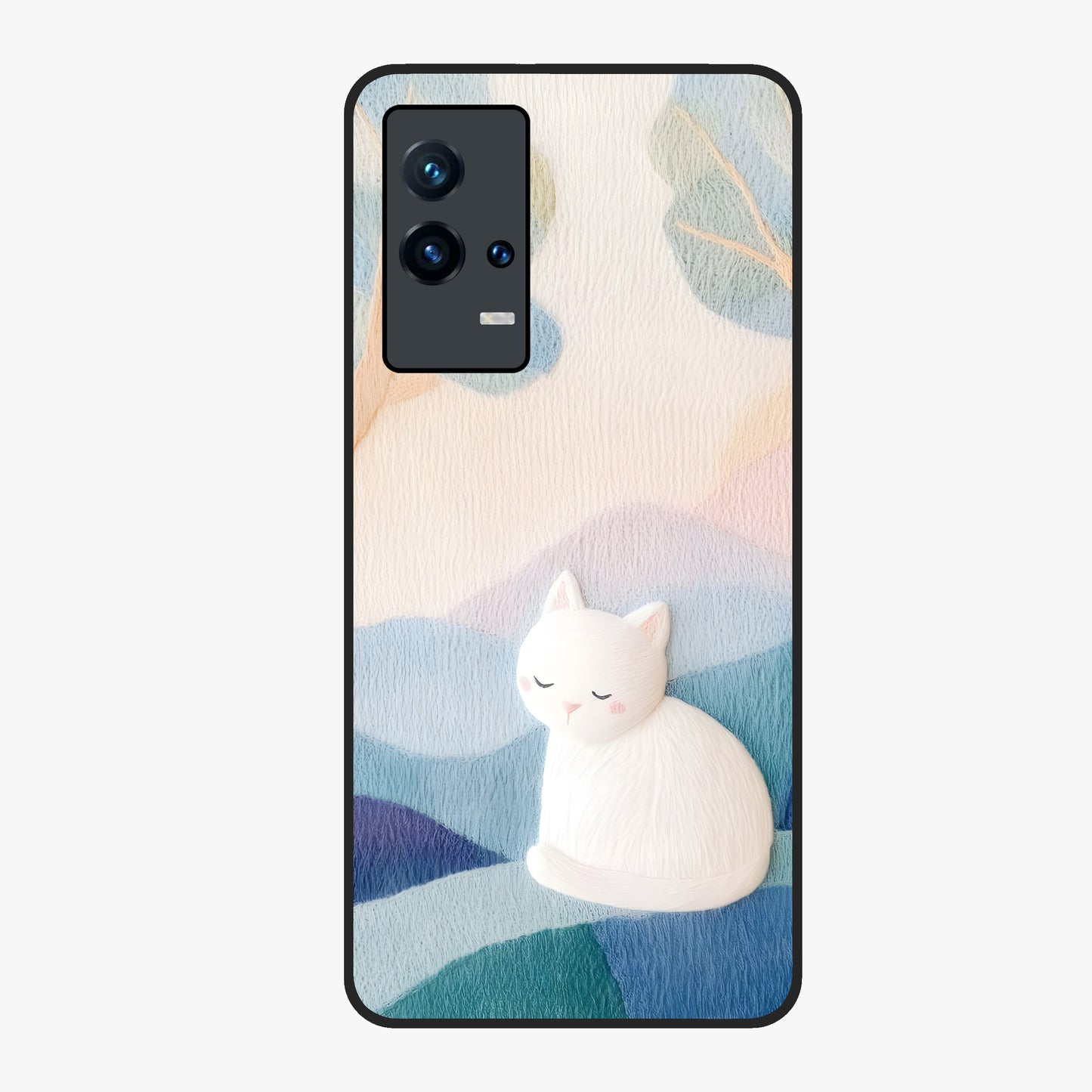 Cotton Dream Cat Glass Case showing flat back view with soft dreamy cat artwork and glossy glass finish.