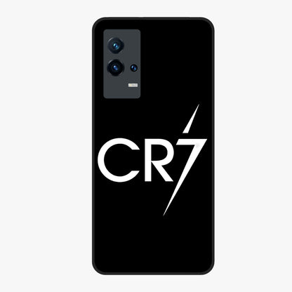 Cr7 Elite Strike Glass Case showing flat back view with dynamic football inspired artwork and glossy glass finish.
