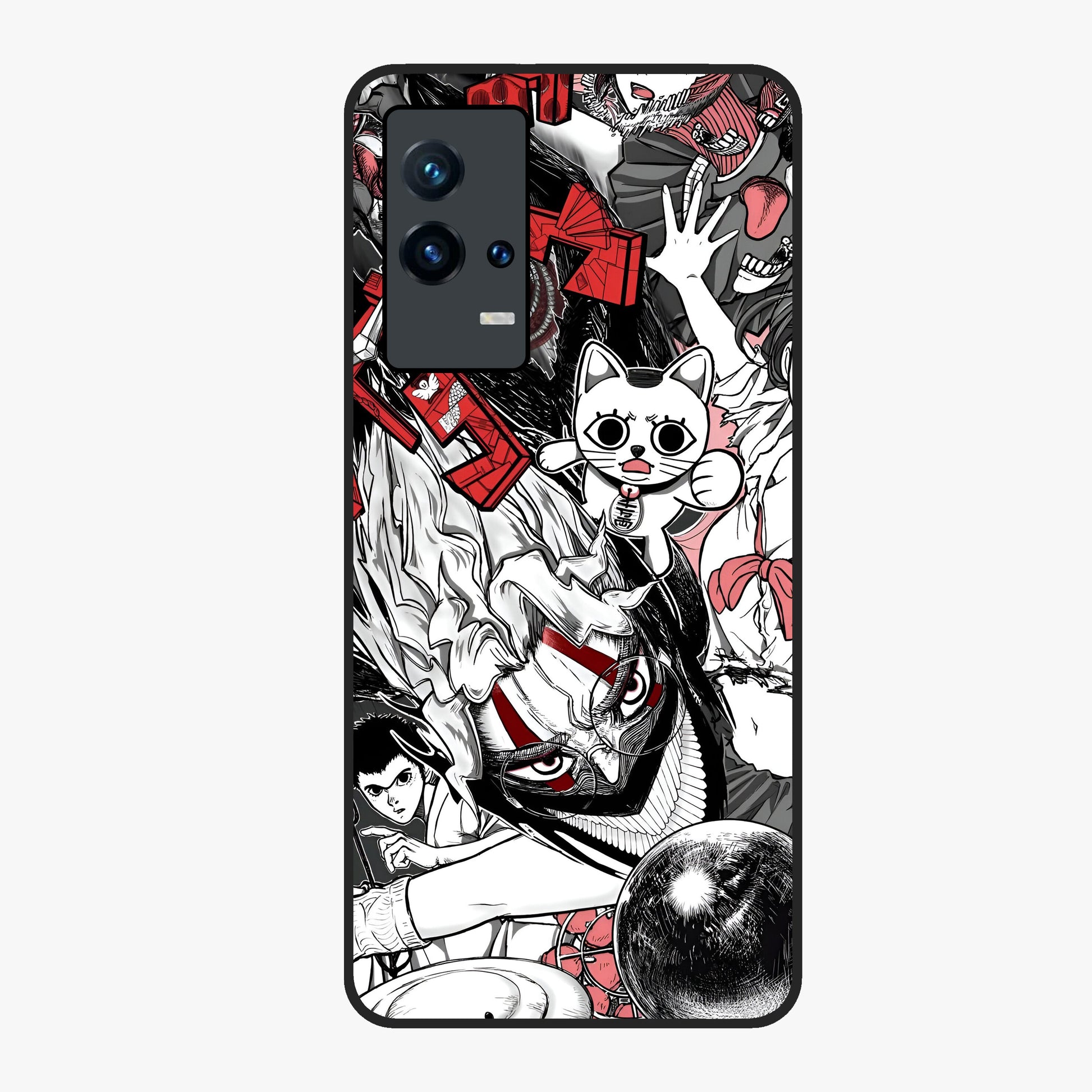 Crimson Chaos Panel Glass Case showing flat back view with bold crimson abstract artwork and glossy glass finish.