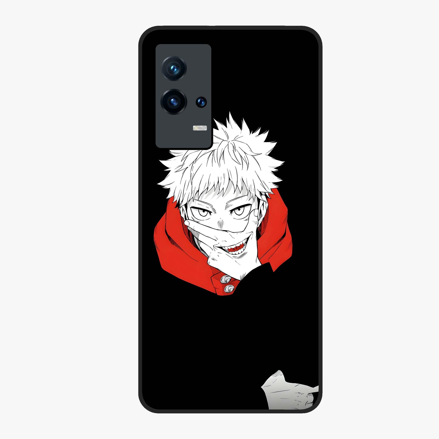 Crimson Chaos Smile Glass Case showing flat back view with bold chaotic smile artwork and glossy glass finish.