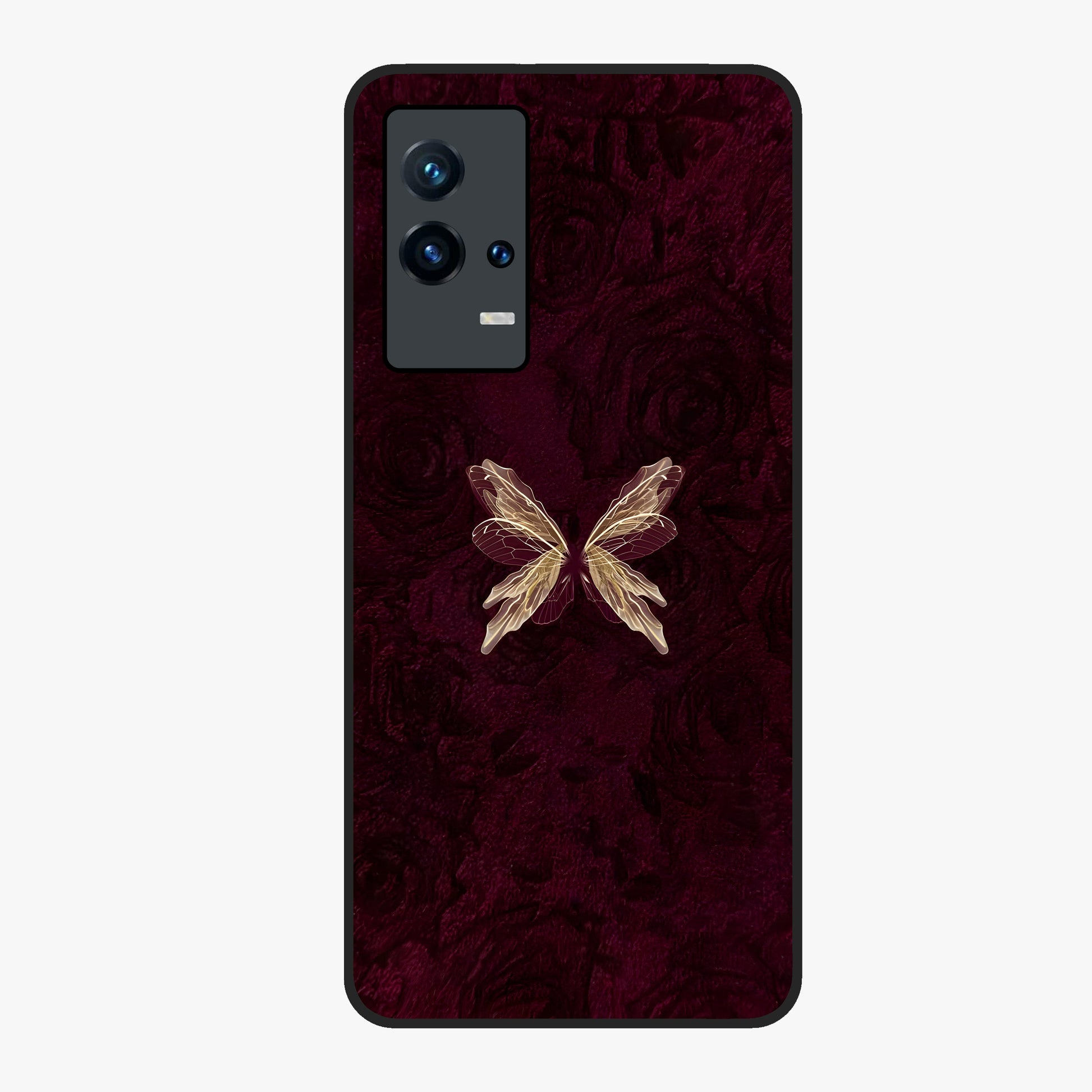 Crimson Fade Butterfly Glass Case showing flat back view with fading butterfly artwork and glossy glass finish.