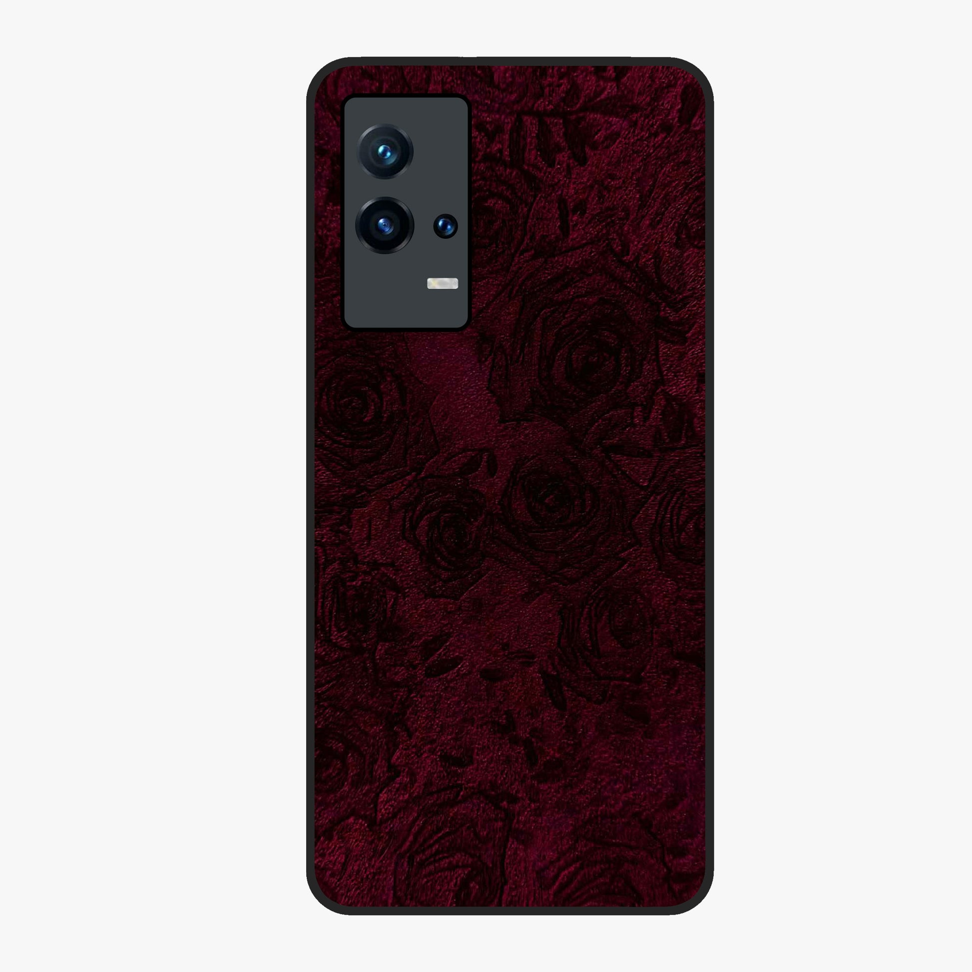 Crimson Fade Flow Glass Case showing flat back view with flowing crimson gradient artwork and glossy glass finish.