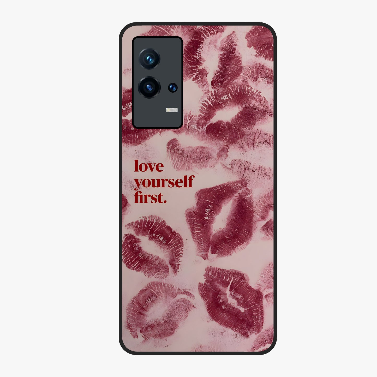 Crimson Kiss Love Glass Case showing flat back view with romantic crimson themed artwork and glossy glass finish.