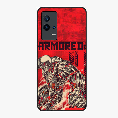Crimson Mecha Titan Glass Case showing flat back view with powerful mech titan artwork and glossy glass finish.