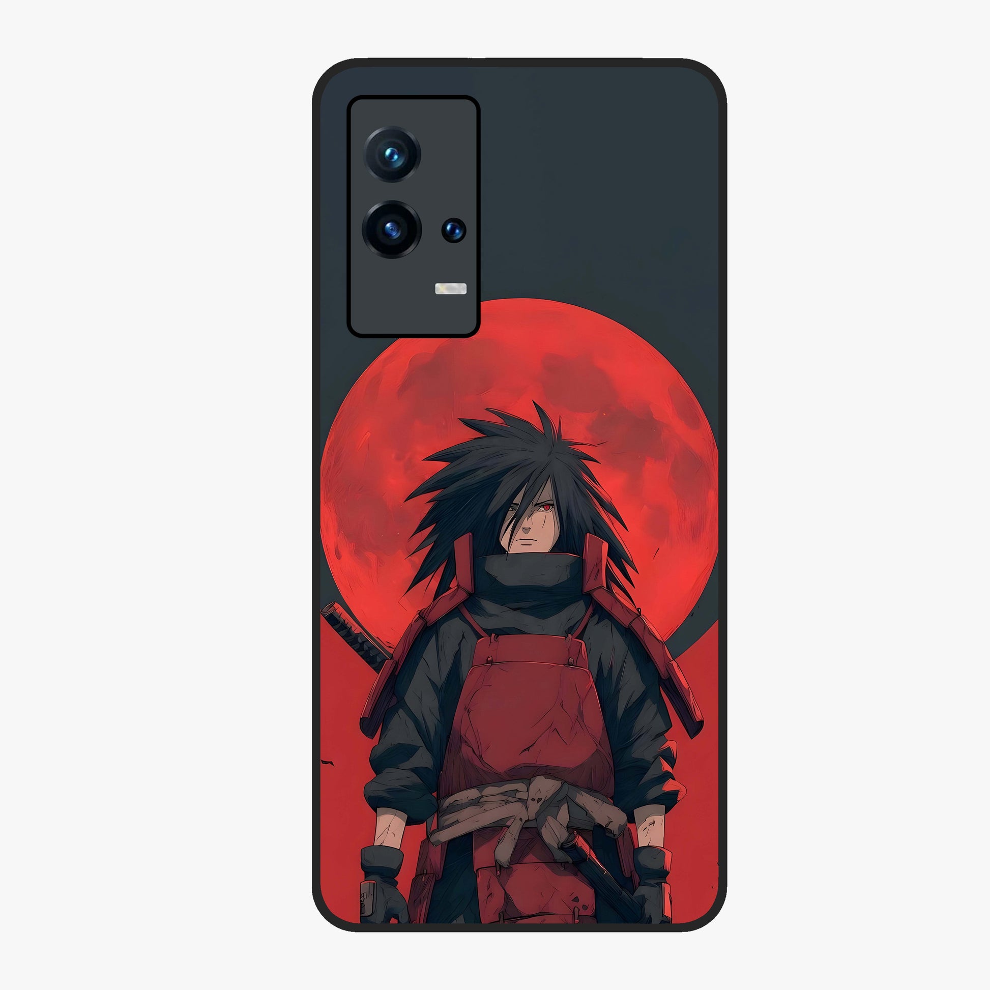 Crimson Moon Warlord Glass Case showing flat back view with mystical moon warrior artwork and glossy glass finish.