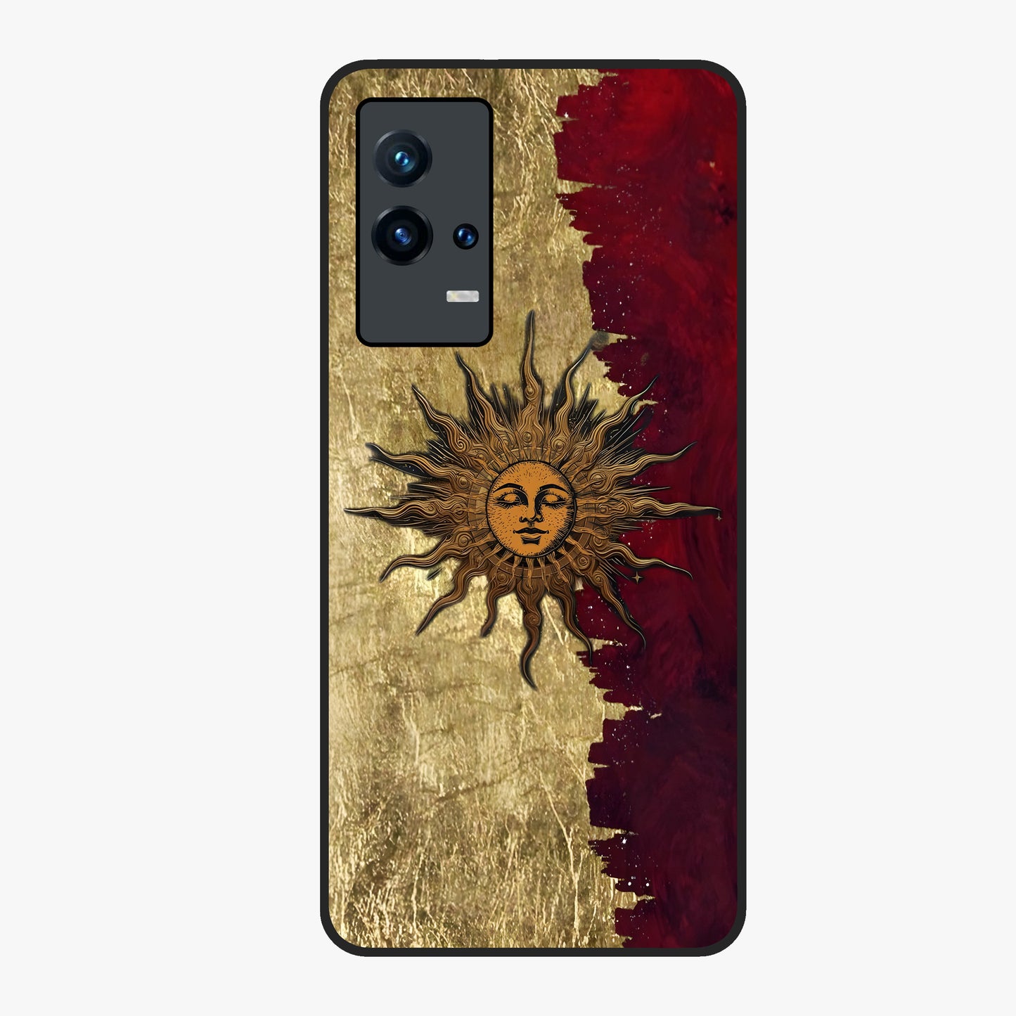 Crimson Sun Majesty Glass Case showing flat back view with radiant sun inspired artwork and glossy glass finish.