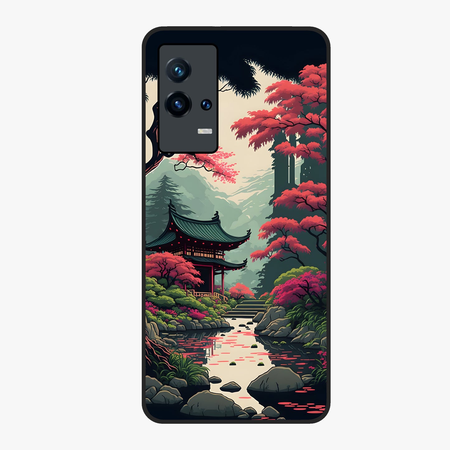 Crimson Temple View Glass Case showing flat back view with temple inspired artwork and glossy glass finish.
