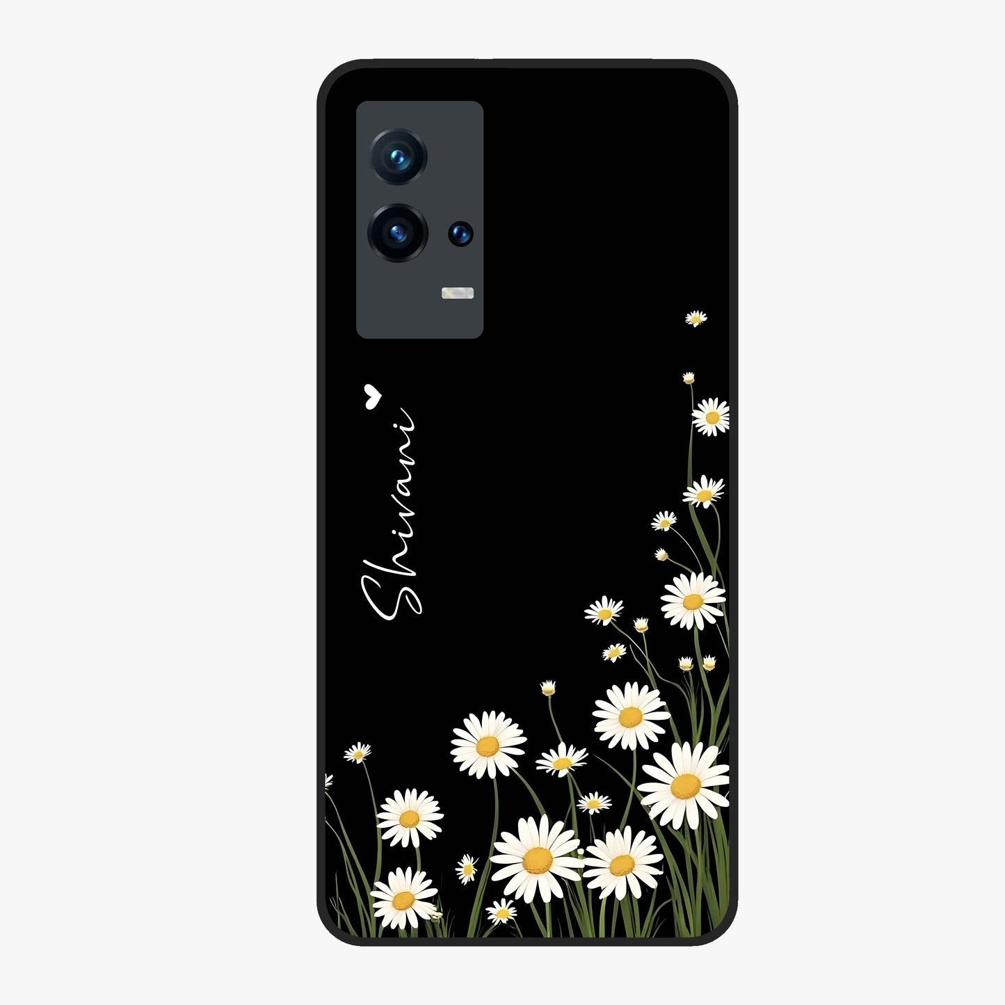 Daisy Cascade Custom Name Glass Case showing flat back view with cascading daisy flowers and personalized name design.