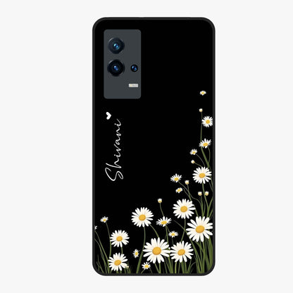 Daisy Cascade Custom Name Glass Case showing flat back view with cascading daisy flowers and personalized name design.