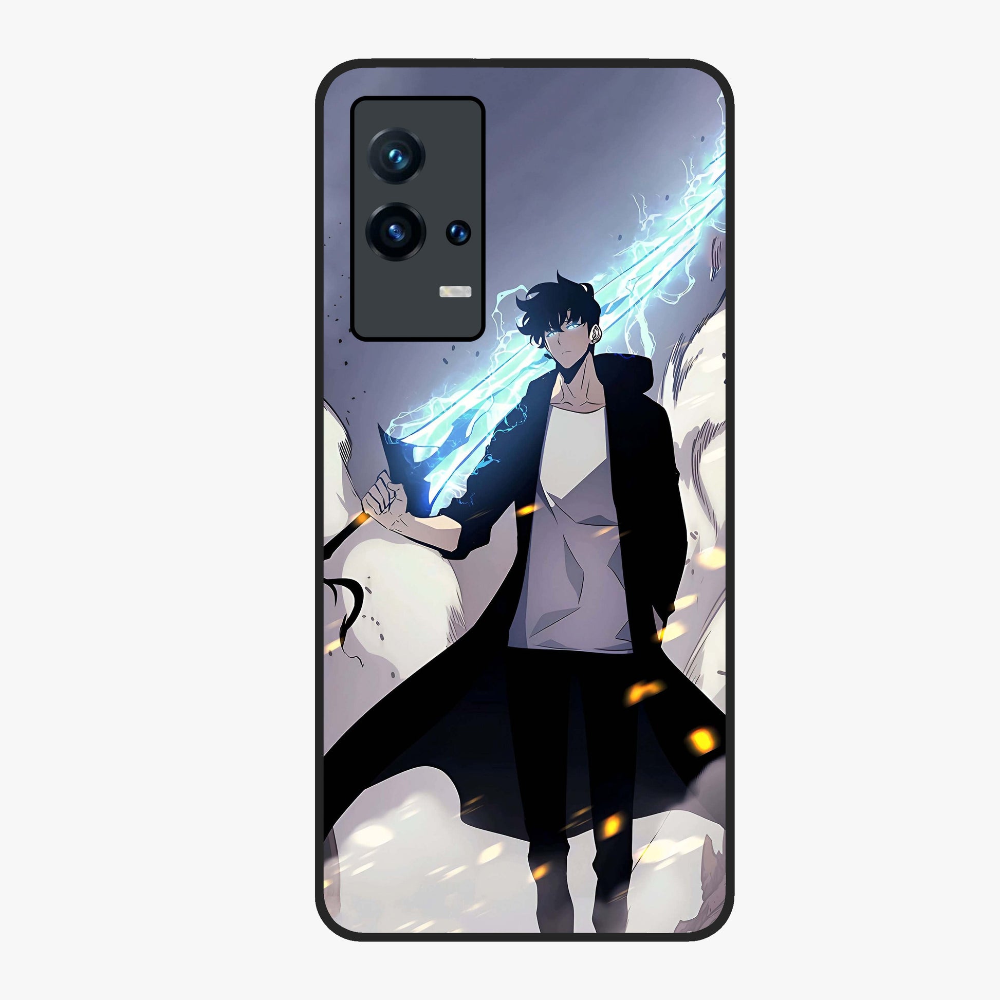 Dark Lightning Anime Warrior Glass Case showing flat back view with intense anime warrior artwork and glossy glass finish.