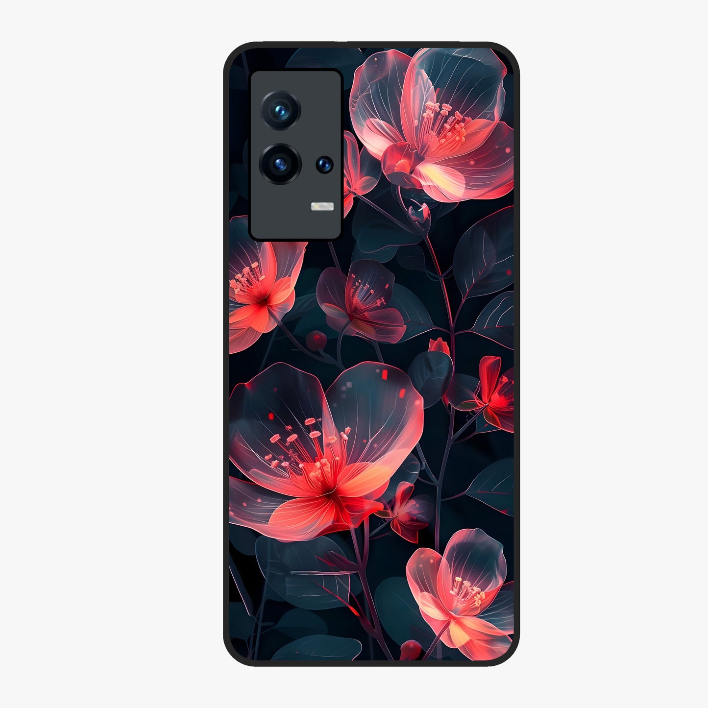 Dark Shade of Flower Glass Case showing flat back view with elegant dark floral artwork and glossy glass finish.