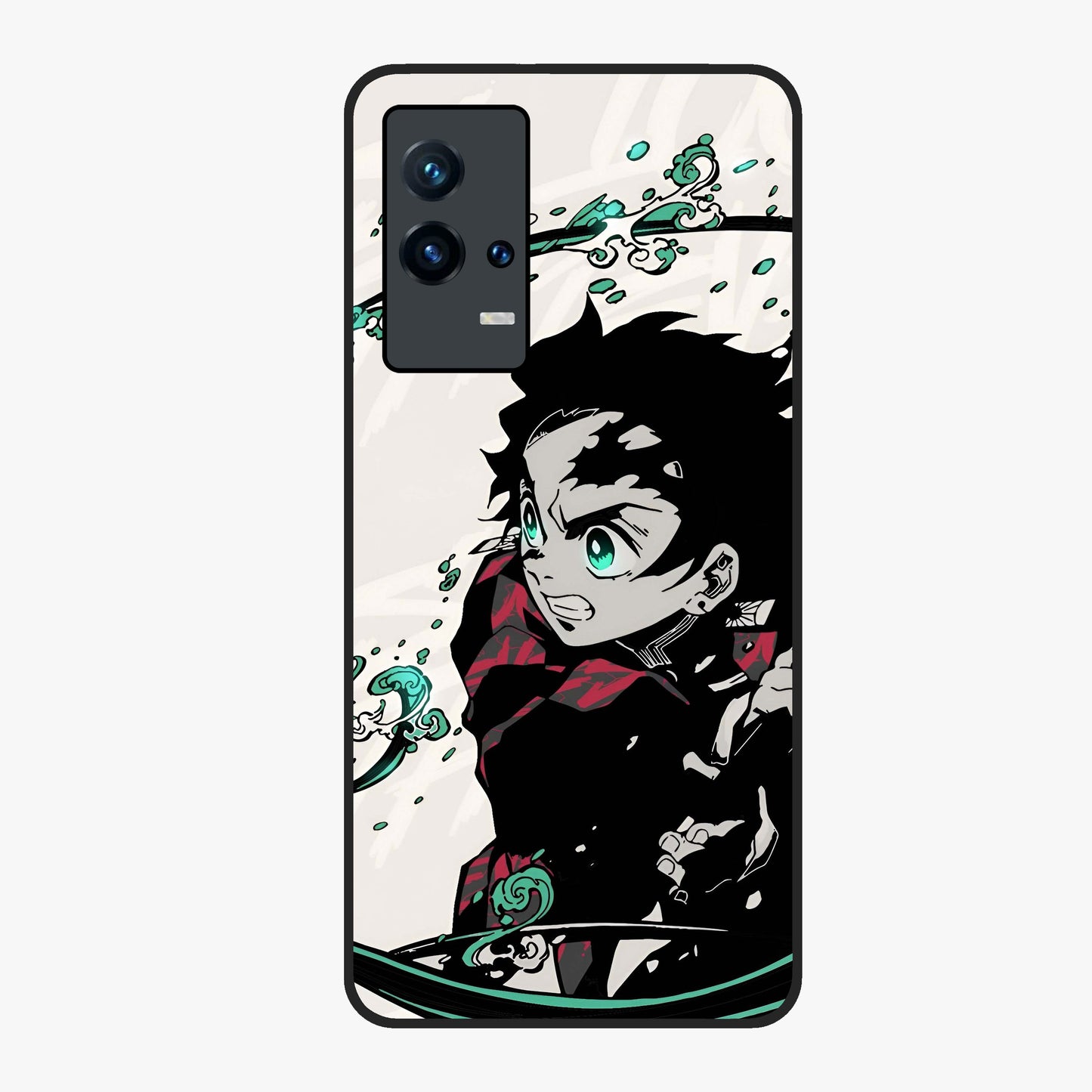 Demon Slayer Glass Case showing flat back view with bold anime inspired artwork and glossy glass finish.