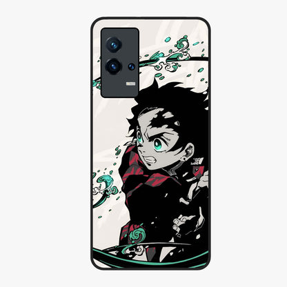 Demon Slayer Glass Case showing flat back view with bold anime inspired artwork and glossy glass finish.