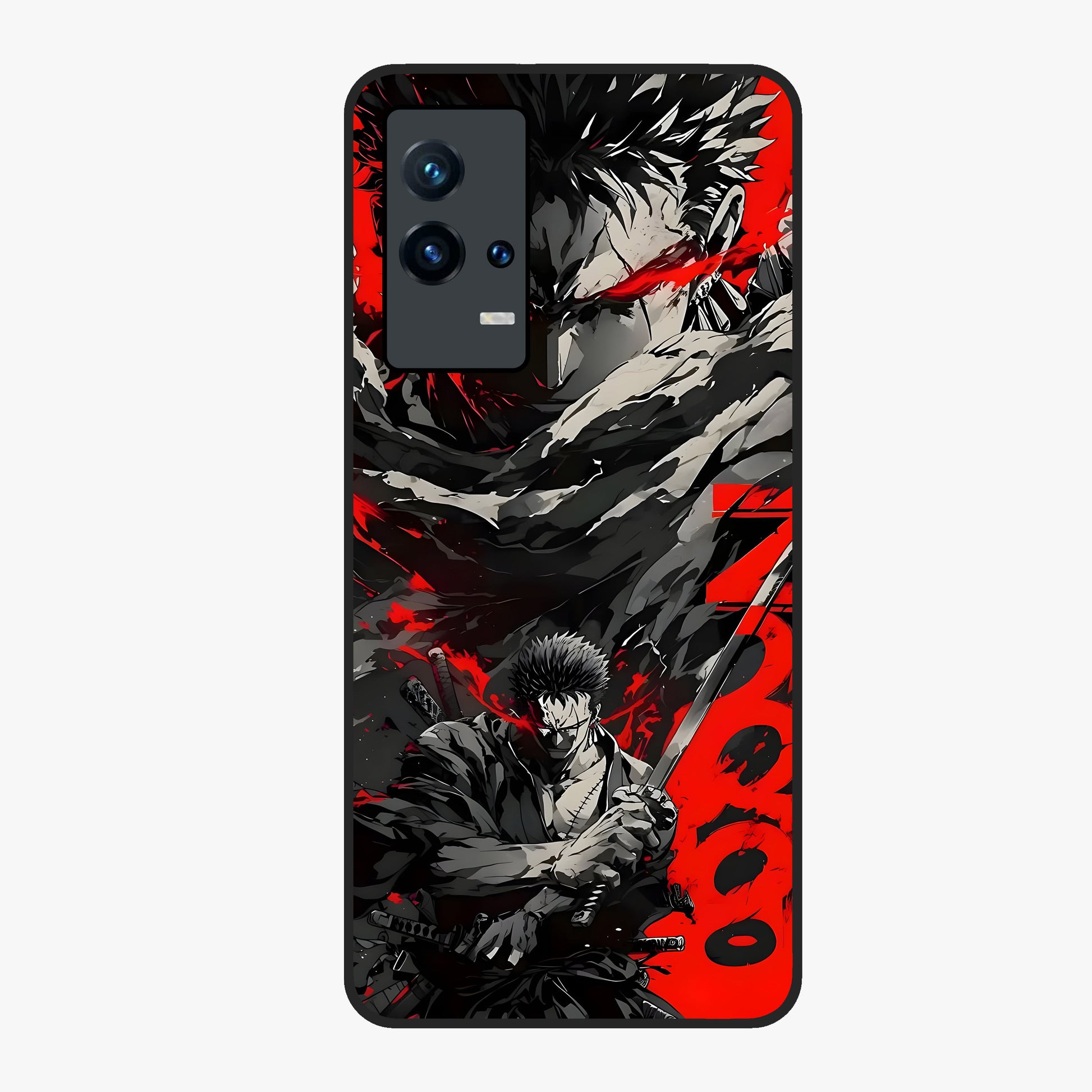 Demon Sword Resolve Glass Case showing flat back view with fierce sword warrior artwork and glossy glass finish.