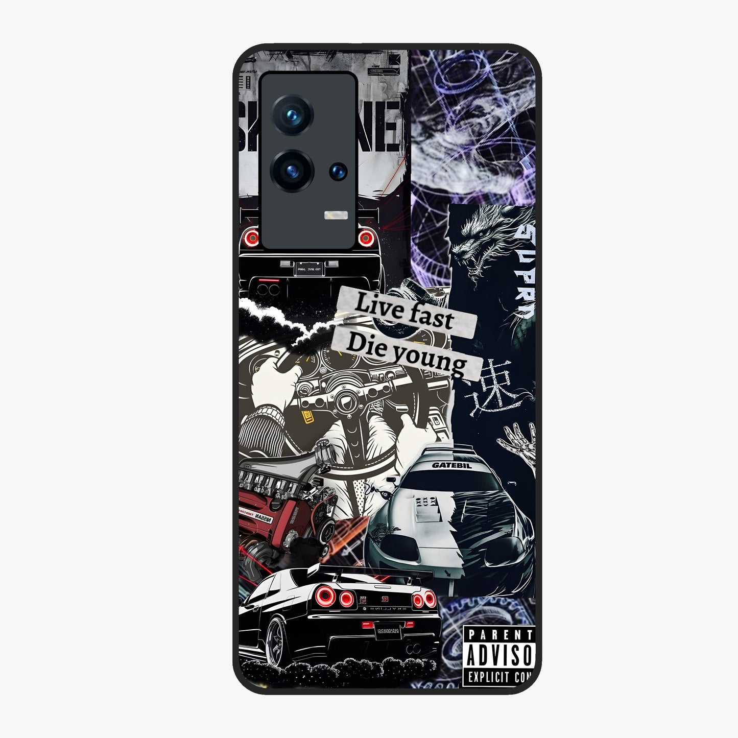 Die Young Glass Case showing flat back view with bold artistic typography design and glossy glass finish.