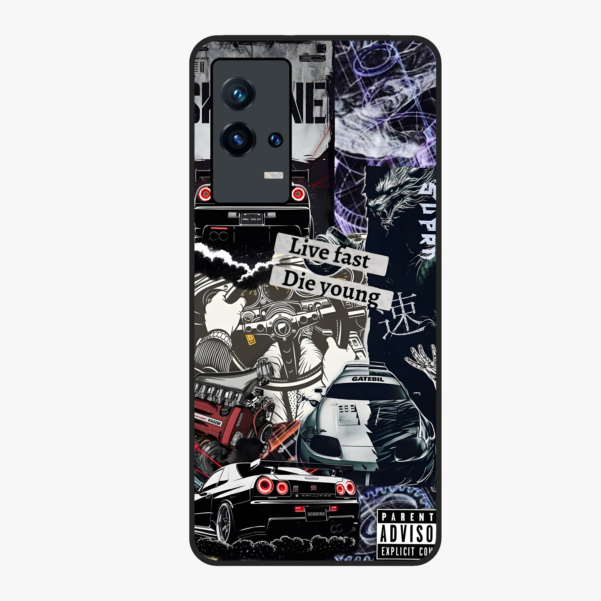 Die Young Glass Case showing flat back view with bold artistic typography design and glossy glass finish.