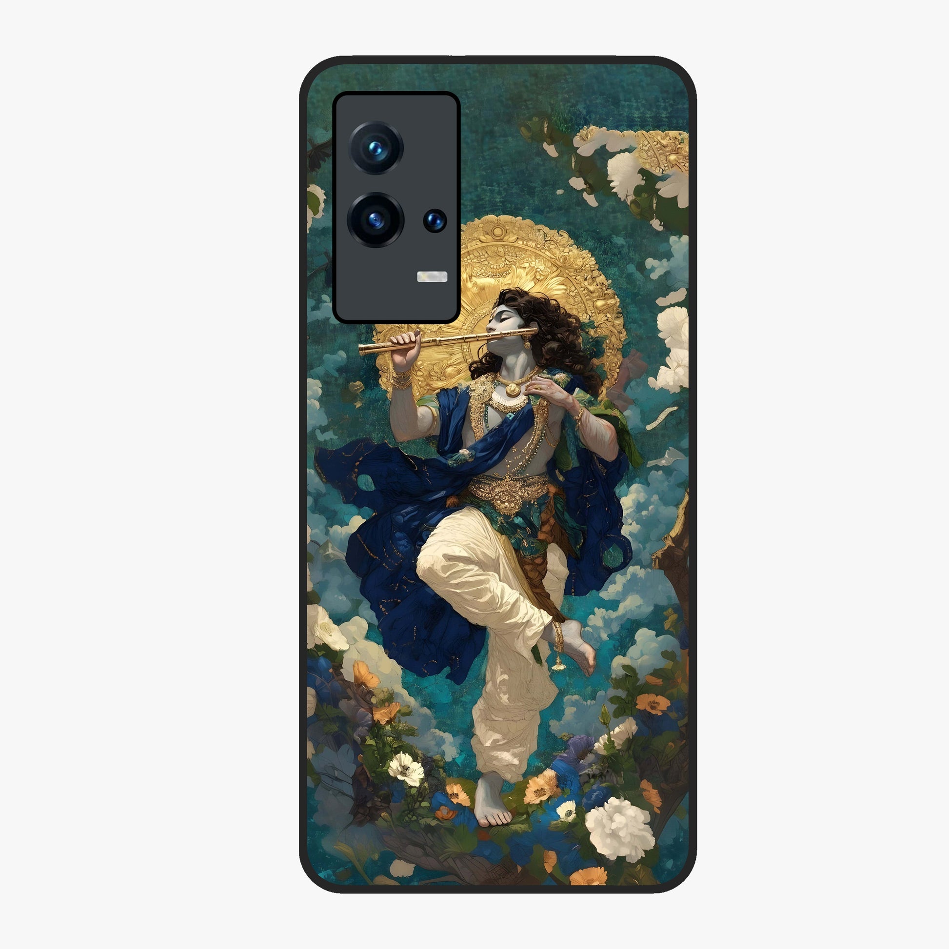 Divine Krishna Art Glass Case showing flat back view with Lord Krishna artwork and glossy glass finish.