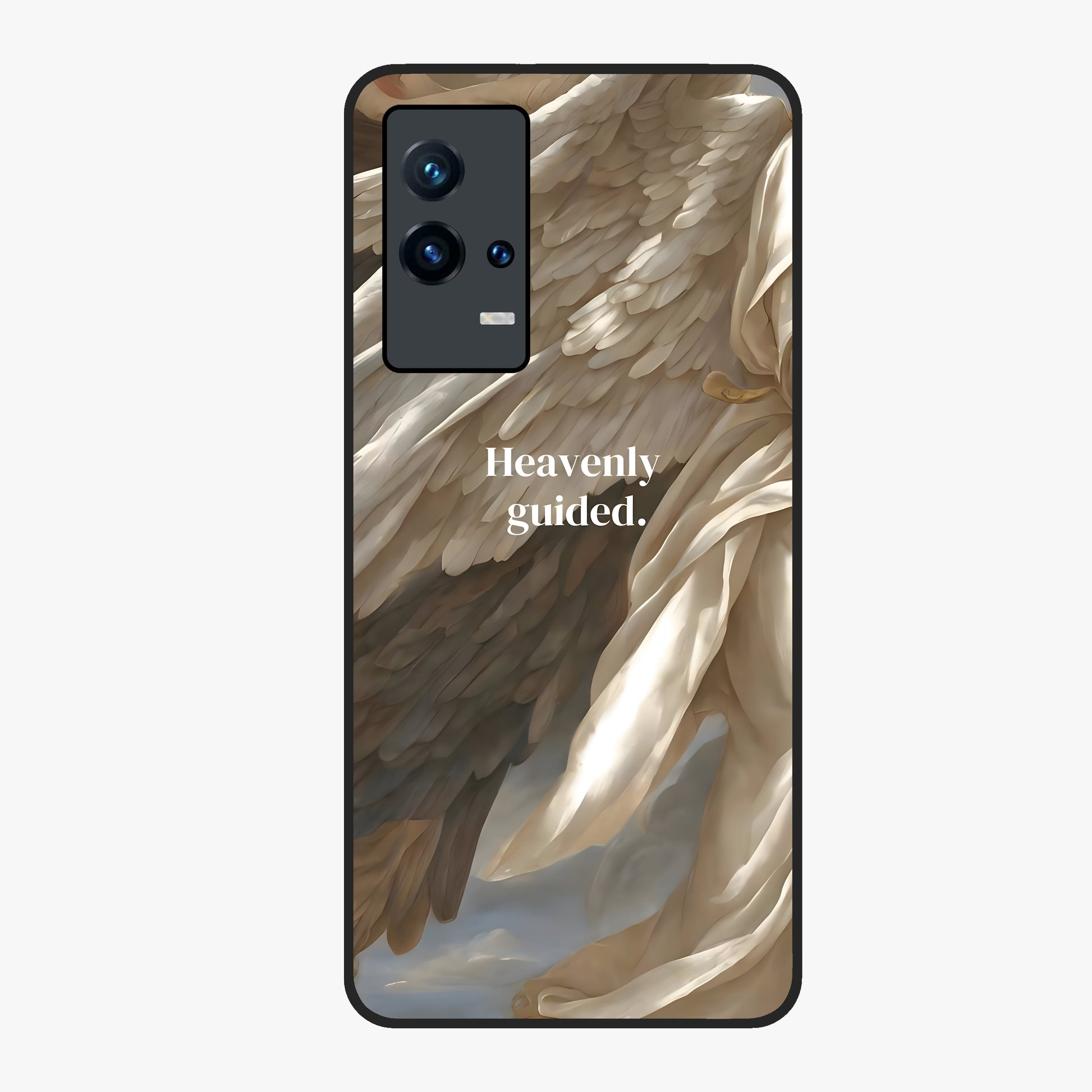 Divine Winged Grace Glass Case showing flat back view with elegant wing inspired artwork and glossy glass finish.