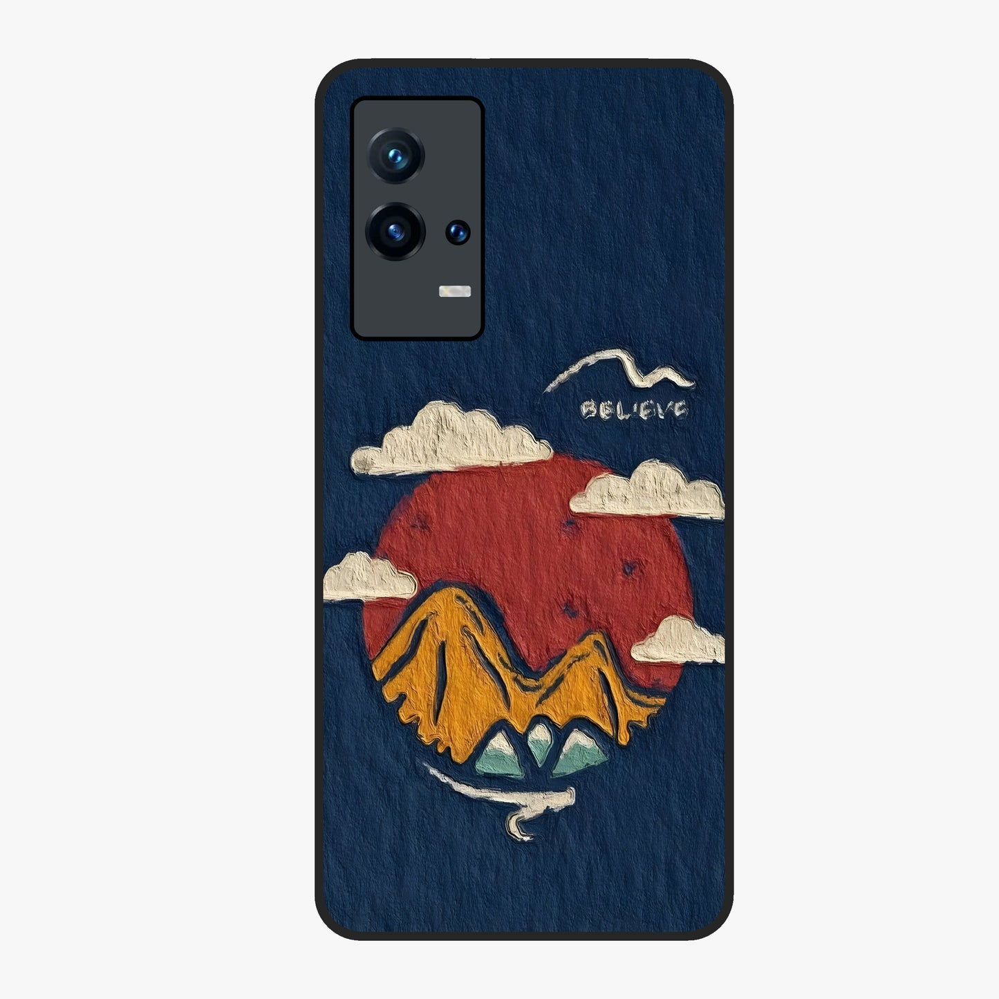 Dream Beyond Mountains Glass Case showing flat back view with scenic mountain landscape artwork and glossy glass finish.